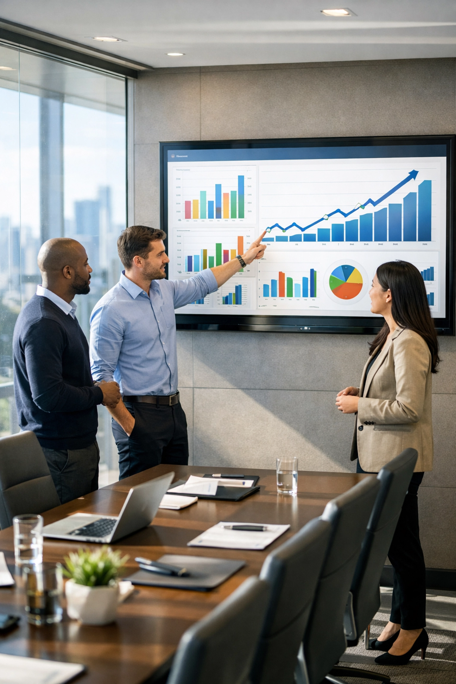 Corporate managers reviewing real-time performance intelligence and growth metrics on a data dashboard.