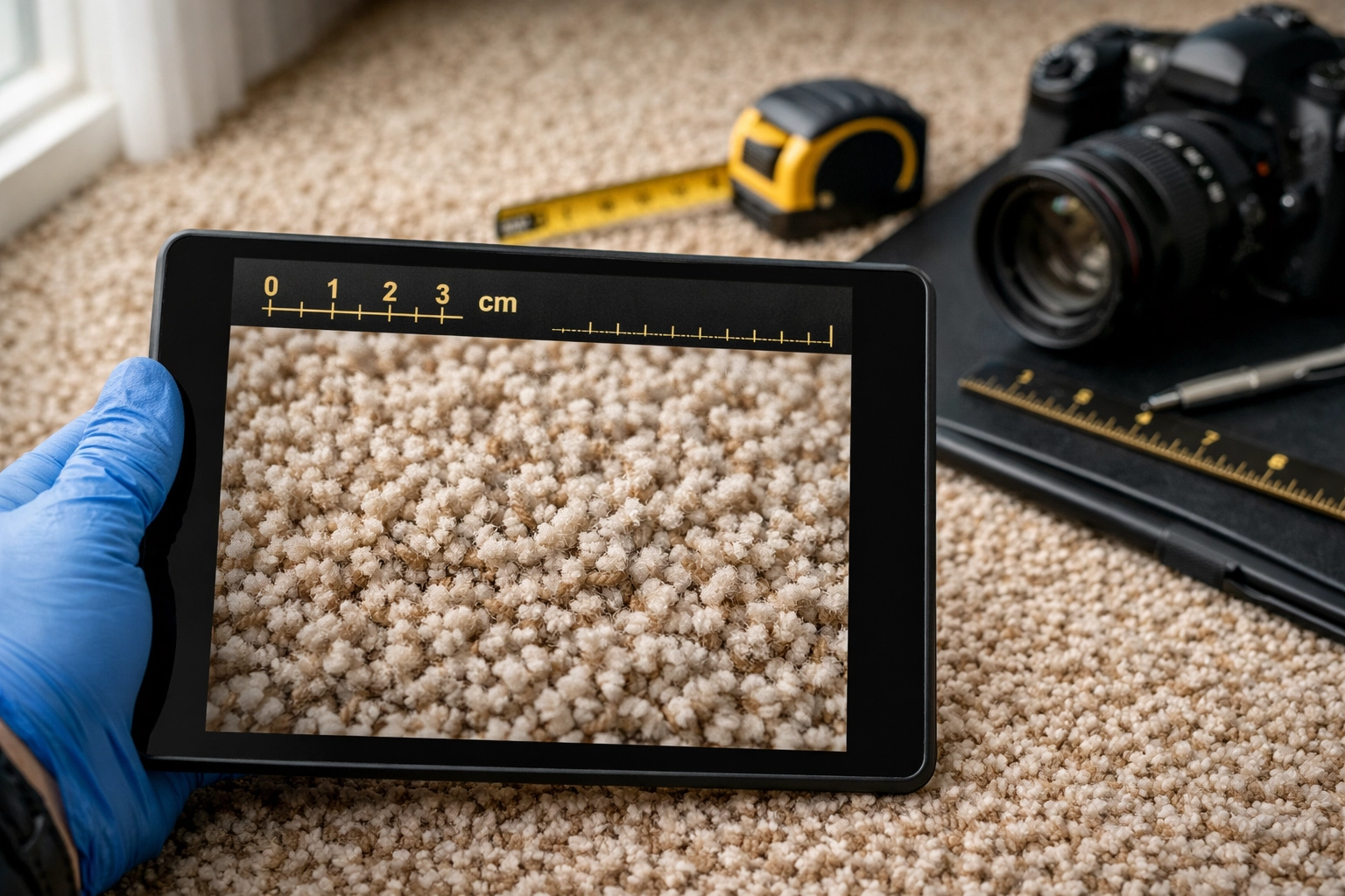 Professional property inspection equipment documenting carpet condition for inventory report