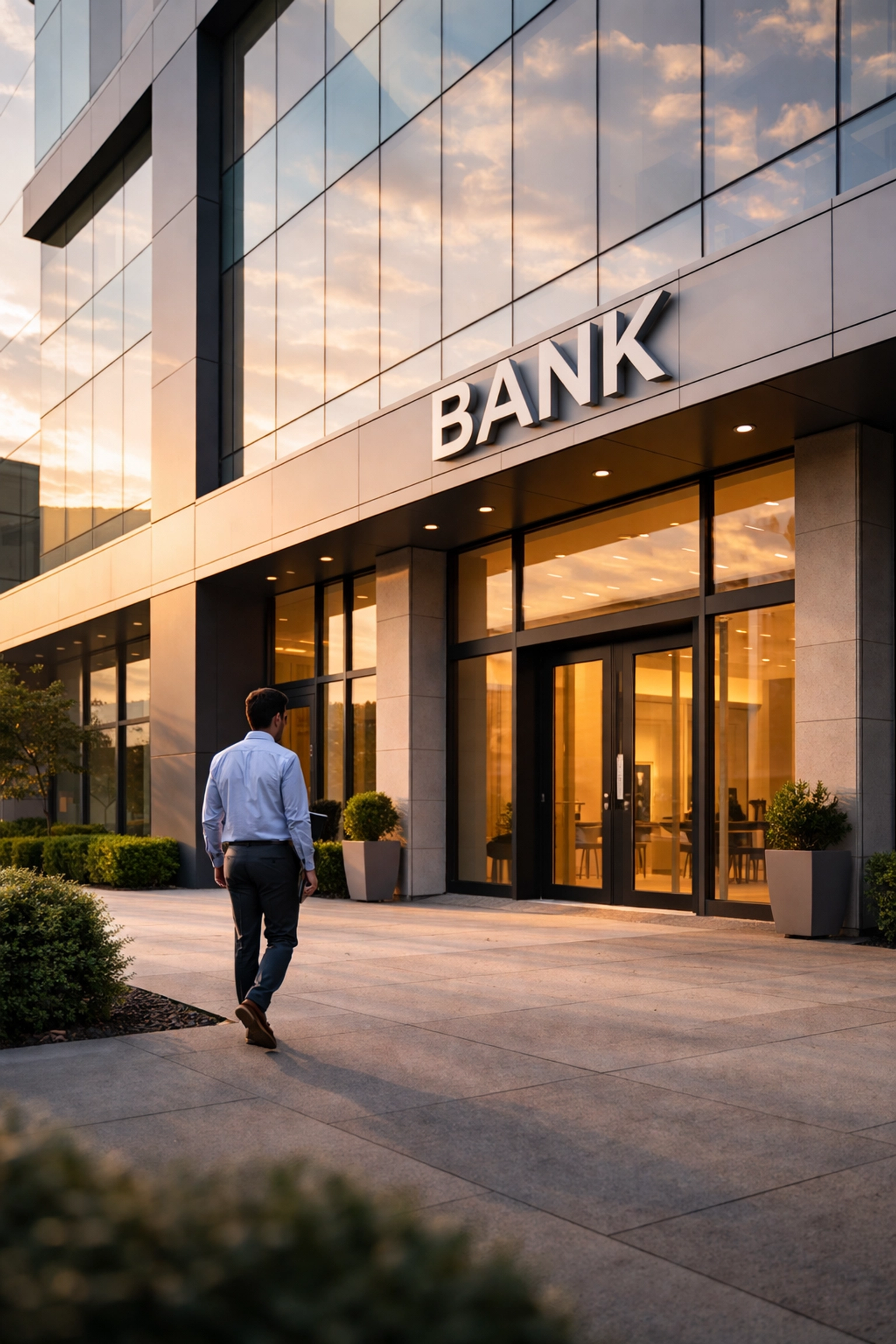 Modern Texas bank building entrance representing digital banking and notarization service adoption