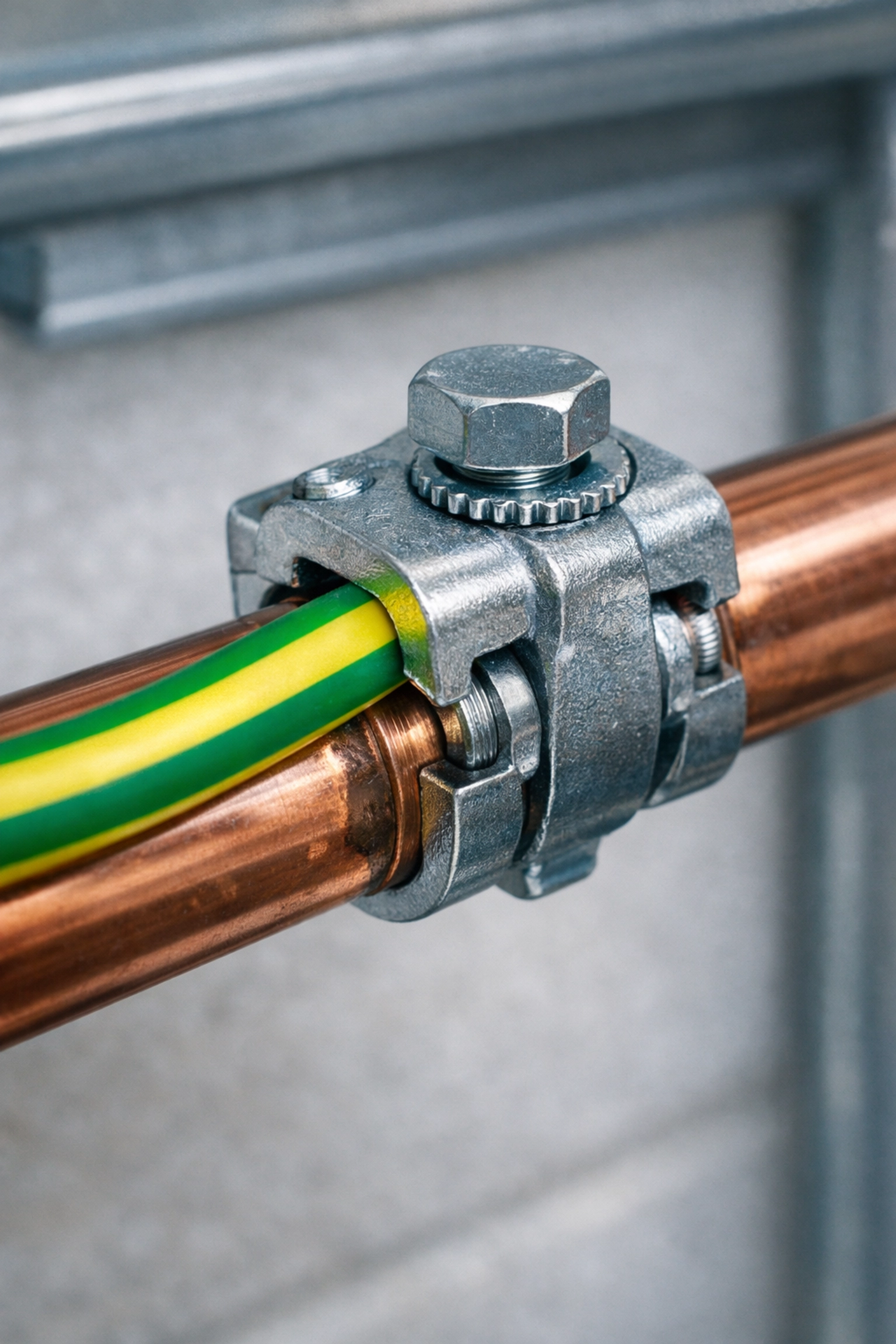 Professional earthing conductor and bonding clamp installation on a copper pipe for EICR safety compliance.