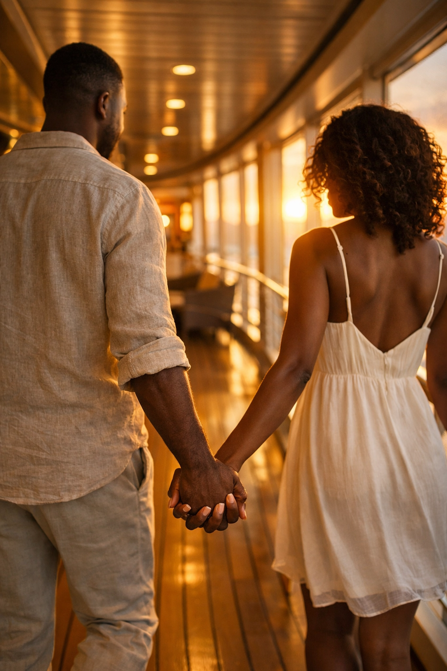 Couple holding hands while walking cruise ship promenade strengthening intimacy and trust