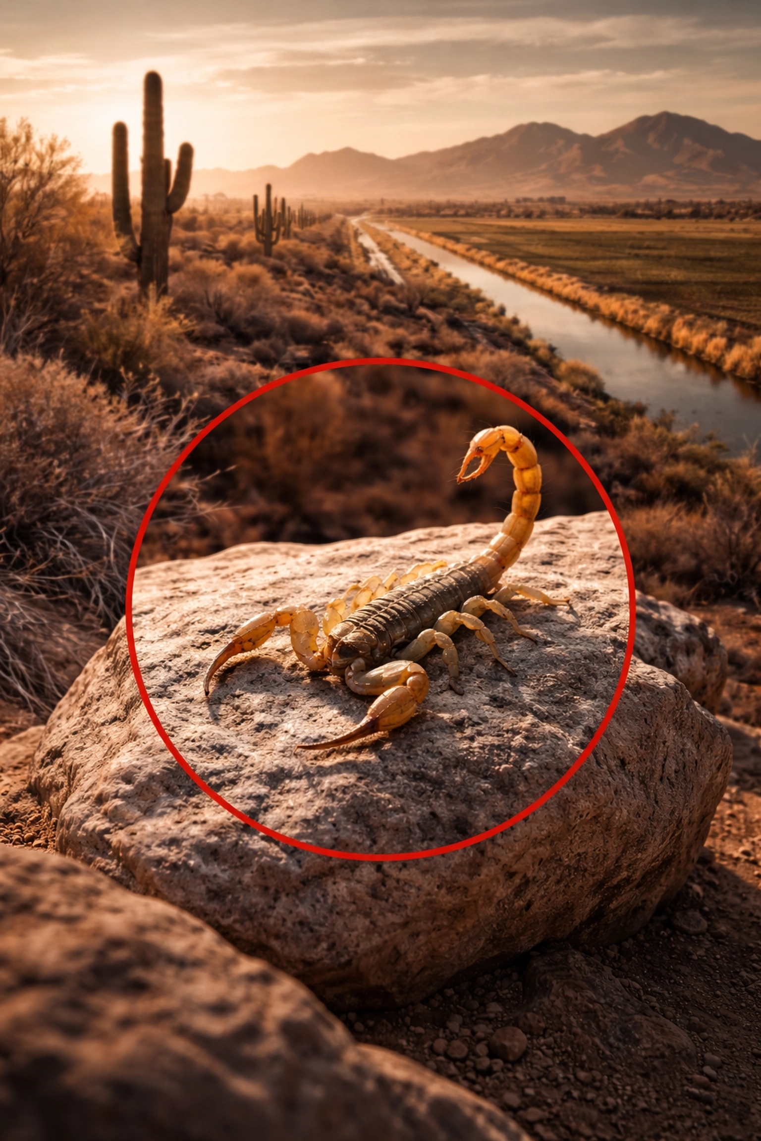 Bark scorpion on a sun-bleached rock with Coolidge canal and desert landscape in the background, highlighting scorpion habitat in 85128.