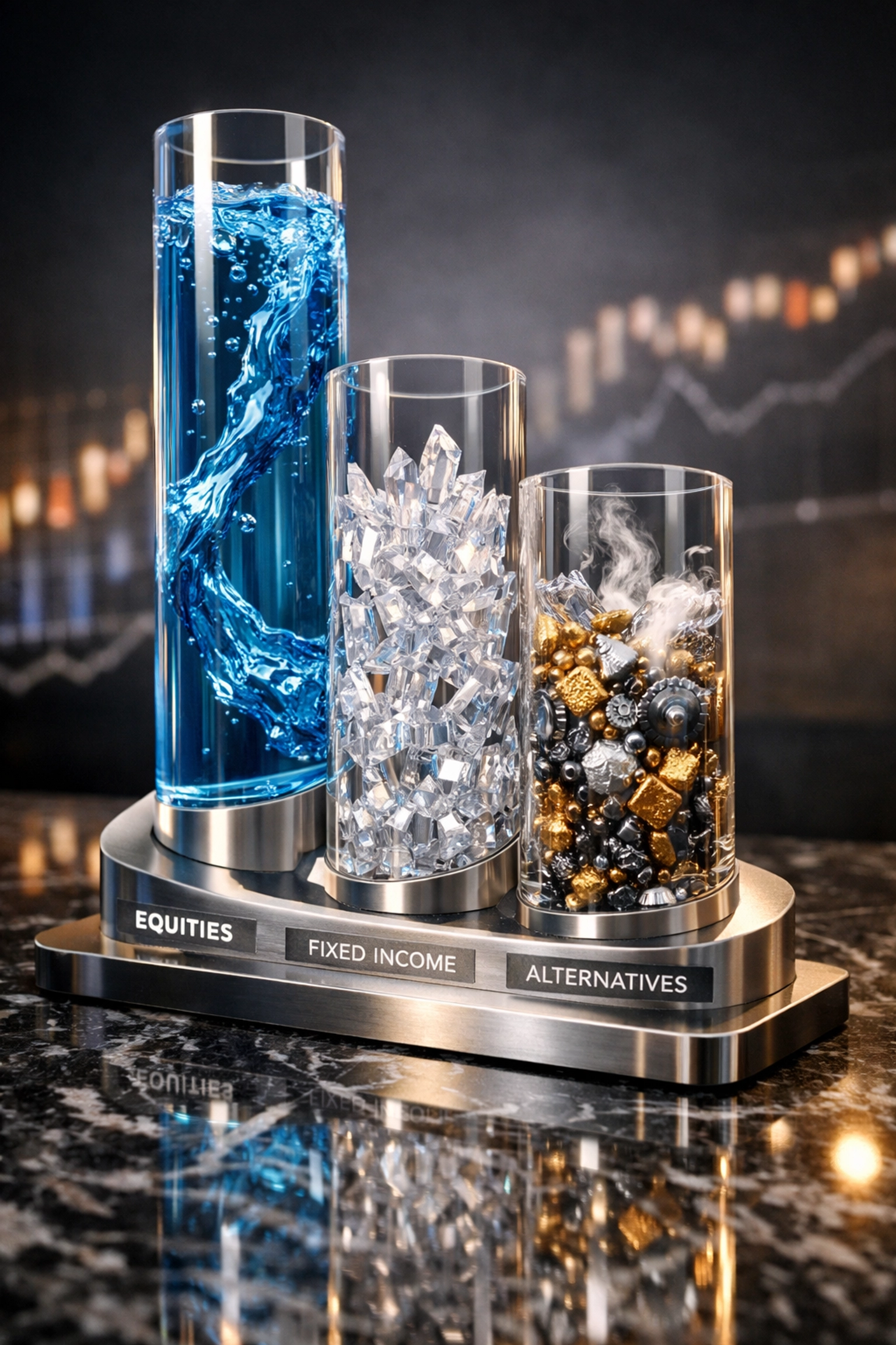 Three-pillar investment structure showing equities, fixed income, and alternative assets