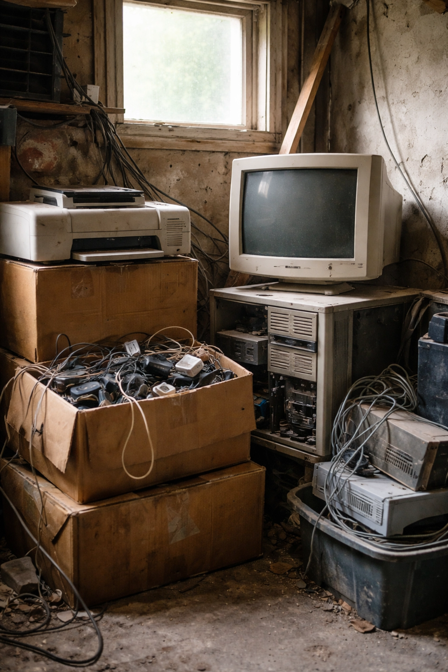 Cluttered garage corner filled with outdated electronics and tangled cables, illustrating common e-waste hoarding and the need for responsible disposal.
