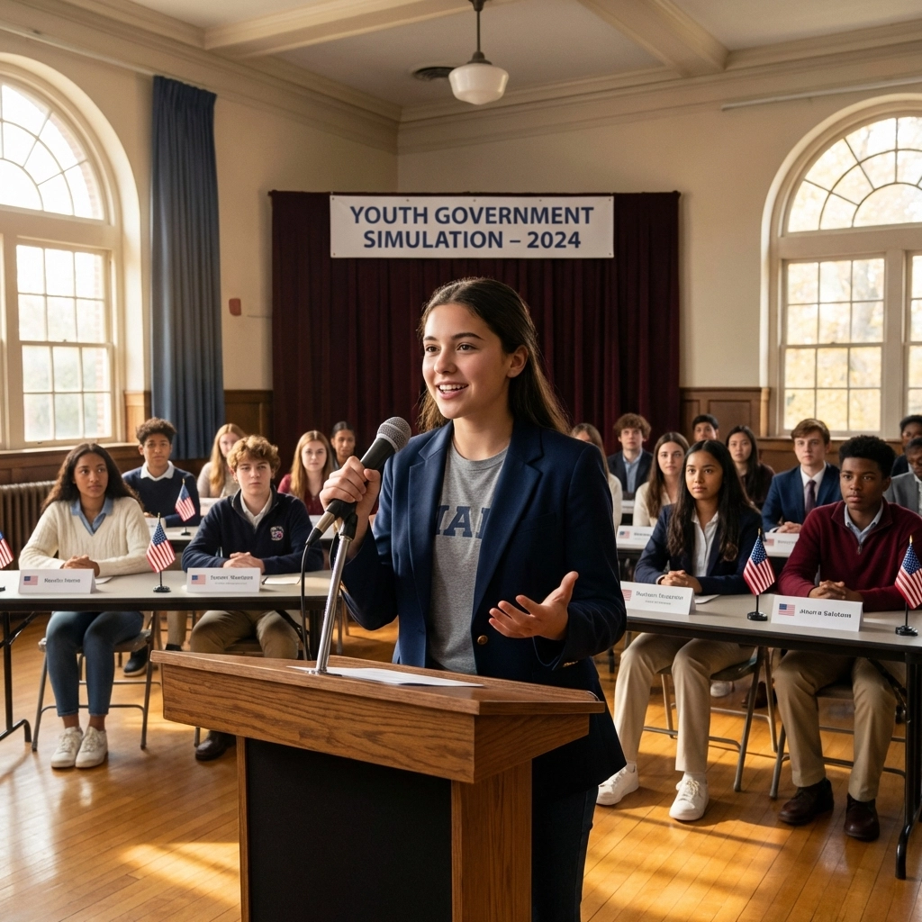 Civic Responsibility for Teens: How the Pledge Opens the Conversation (And Where to Find Youth Workshops) Teen girl leads a youth government simulation, inspiring civic leadership among high school students.
