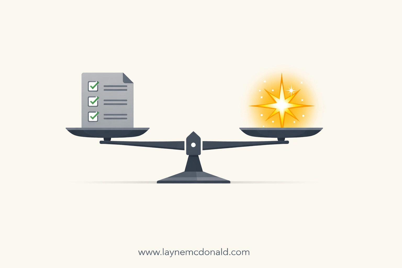A balance scale weighing a checklist against a glowing star to represent artistic excellence in faith media.