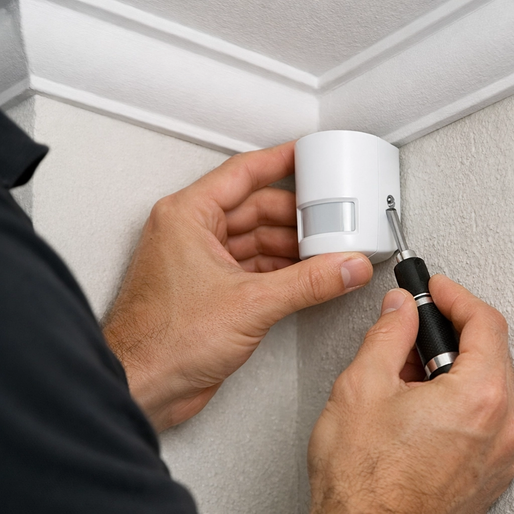 Expert security engineer installing a wireless motion sensor during an alarm setup in Basingstoke.