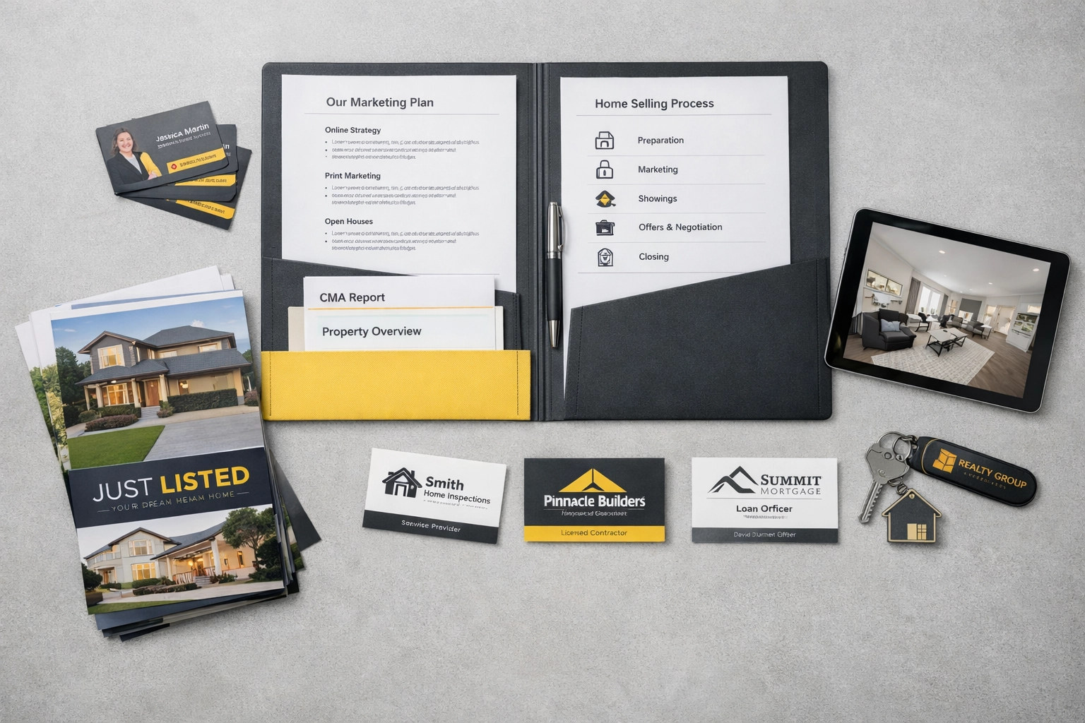 Professional real estate presentation kit with branded folders, business cards, and marketing materials