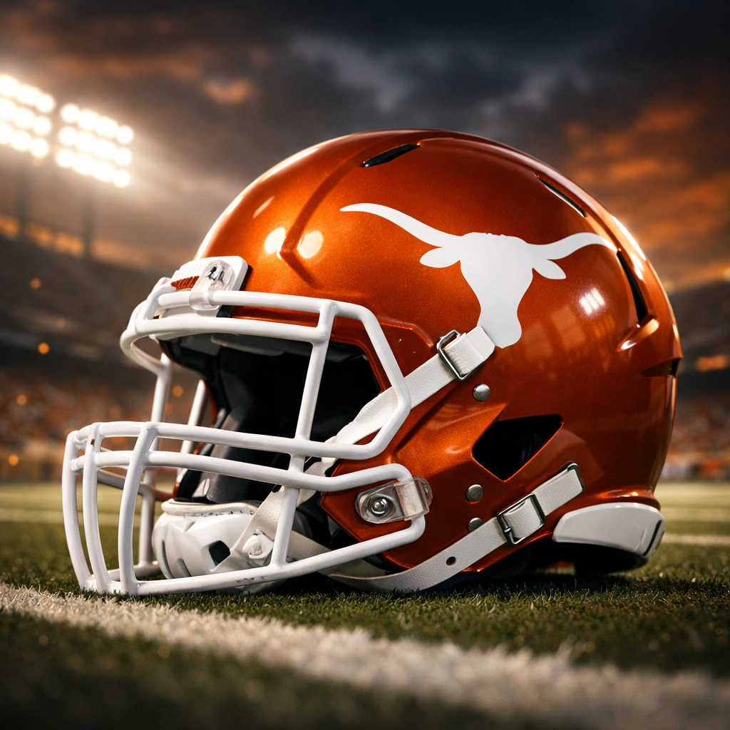 Texas Longhorns football helmet on stadium field under lights