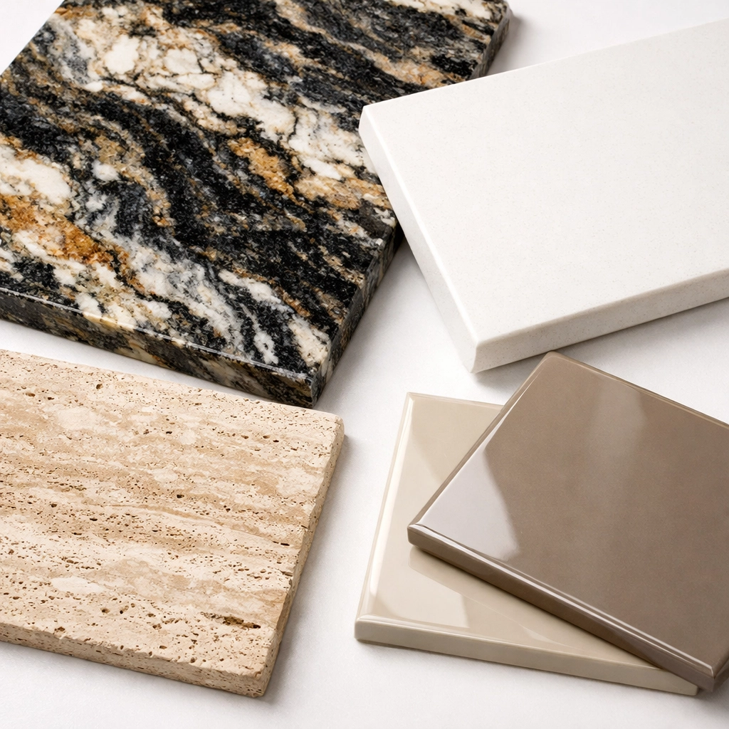 Luxury stone and tile samples including granite, quartz, and travertine for Orlando kitchen and bathroom remodeling