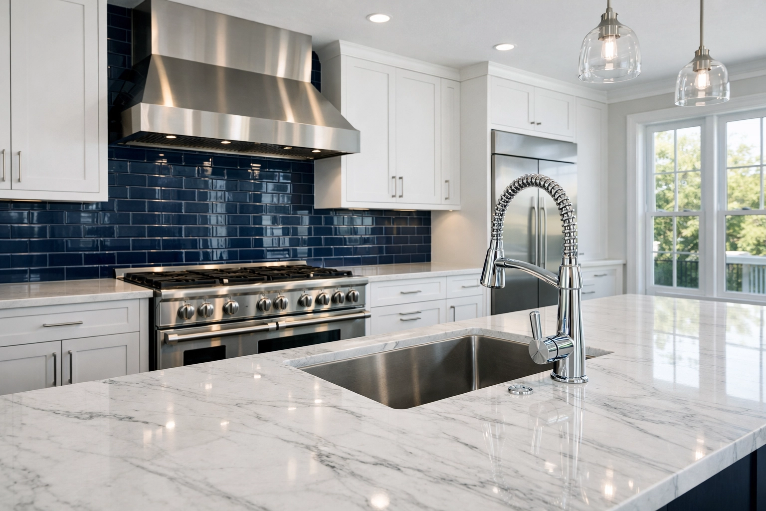 Pristine modern Boston kitchen after professional move-out cleaning with sparkling stainless steel stovetop.