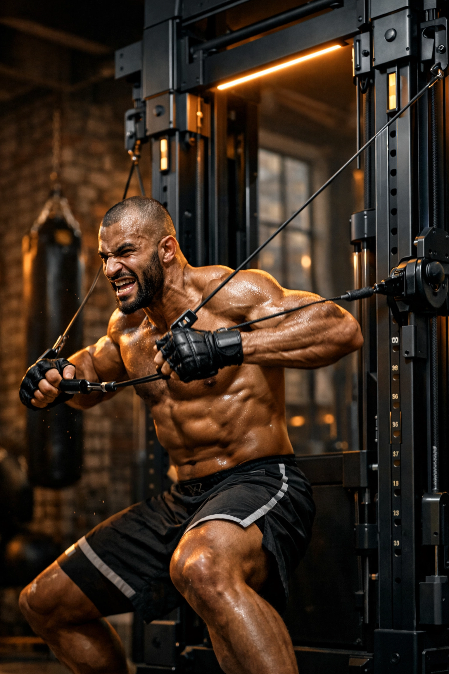 Athlete performing cable rows on a floor to ceiling gym system for resistance training at home.