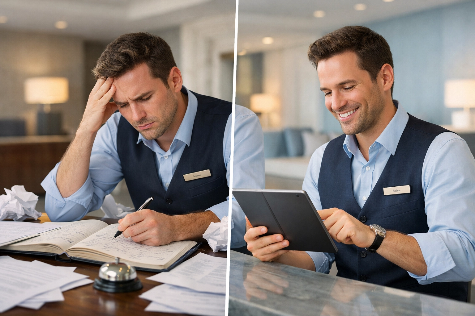 Hotel staff transitioning from manual logbooks to automated hotel management software