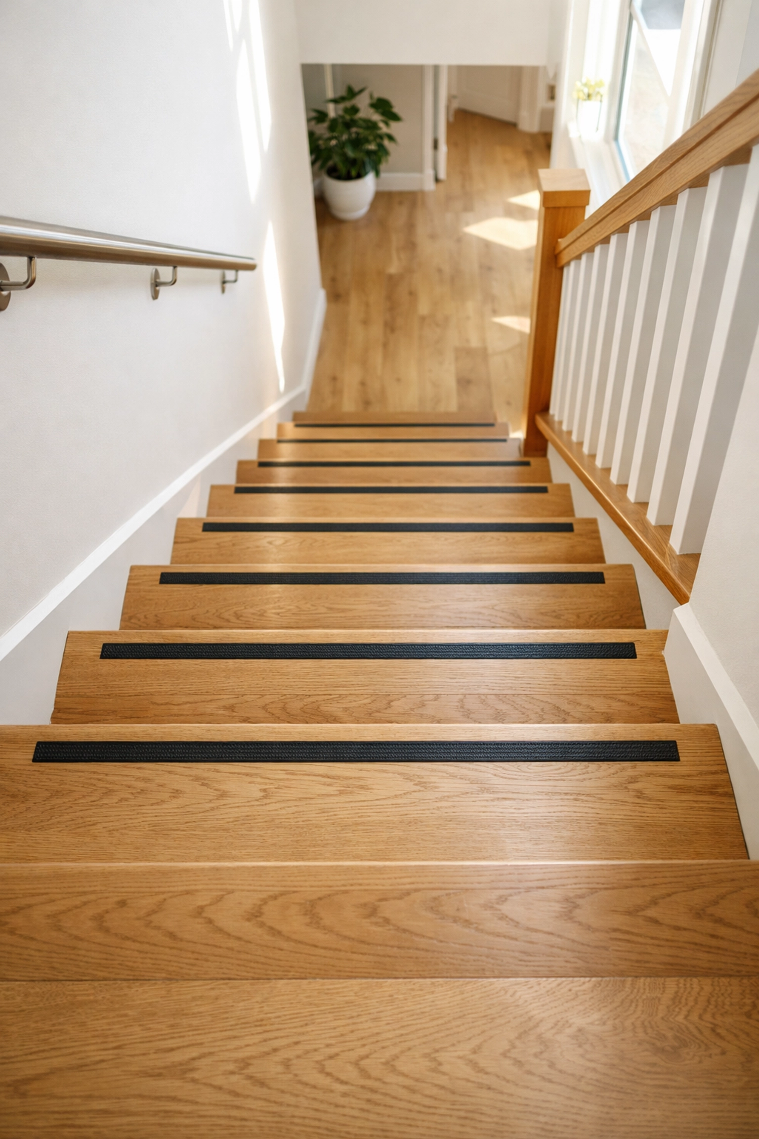 Wooden stairs featuring dark anti-slip strips on the edges to provide visual contrast and prevent falls.