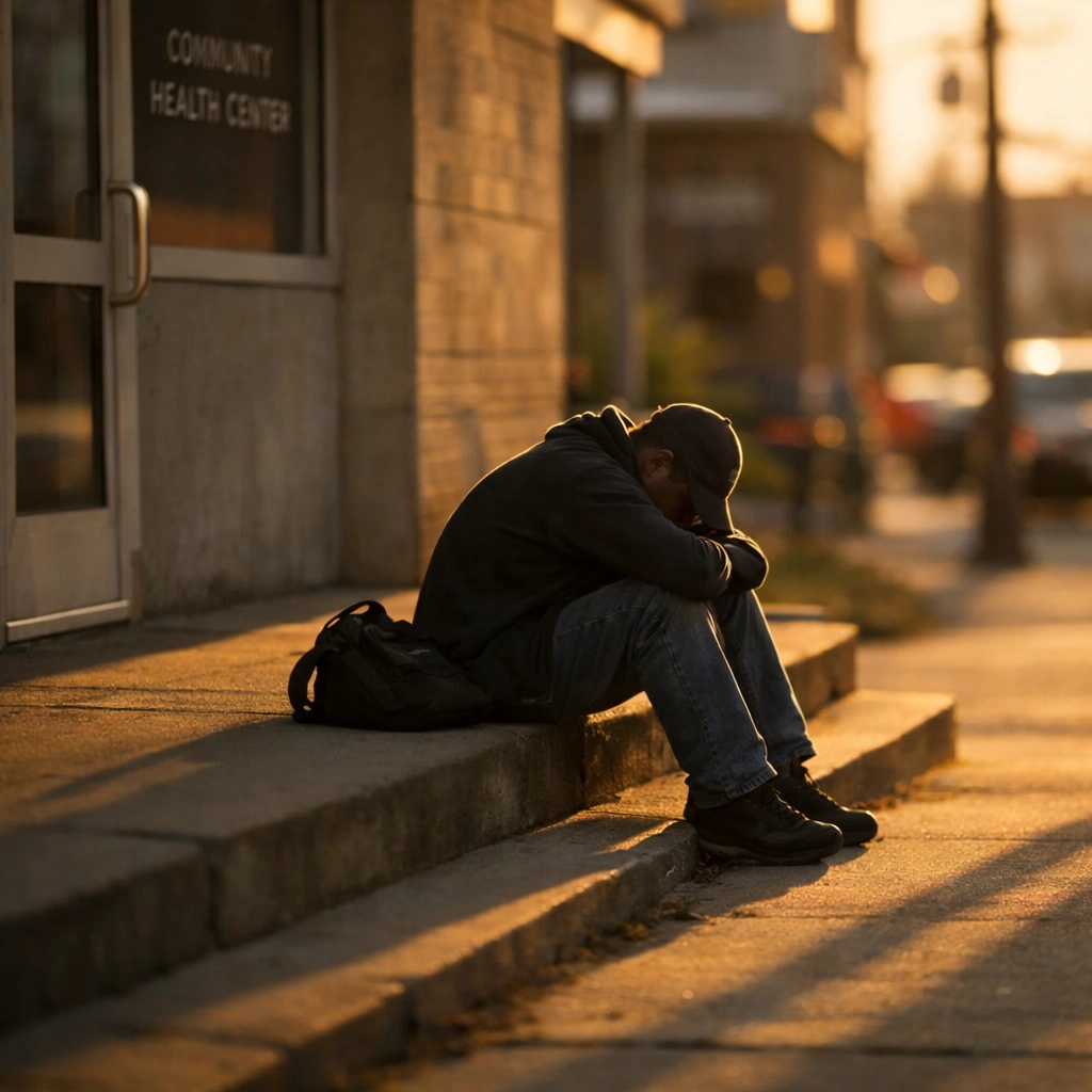 Person alone outside treatment center illustrating addiction stigma and isolation