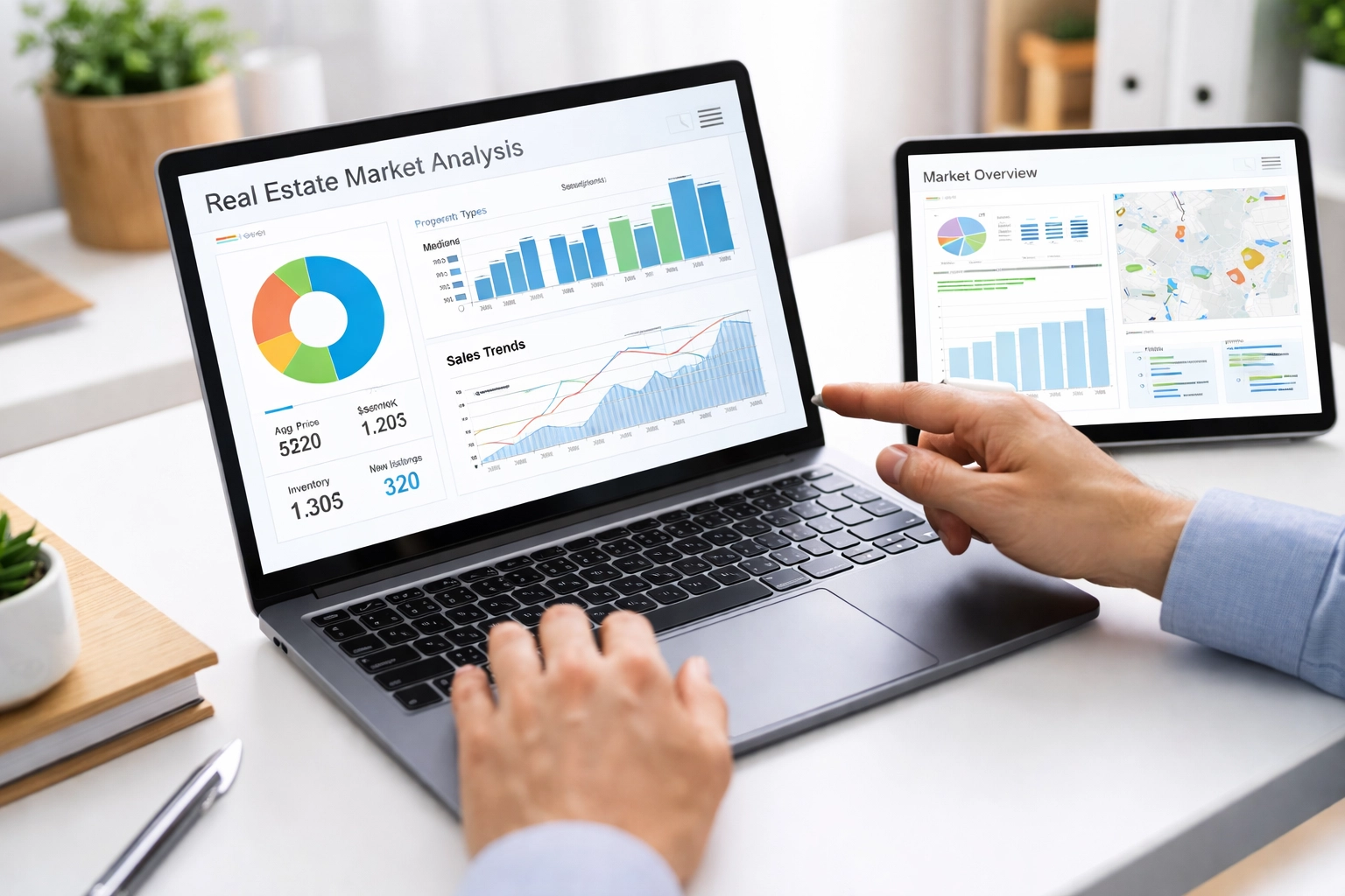 Modern desk with real estate market data on laptop and tablet, showcasing AI-powered strategy