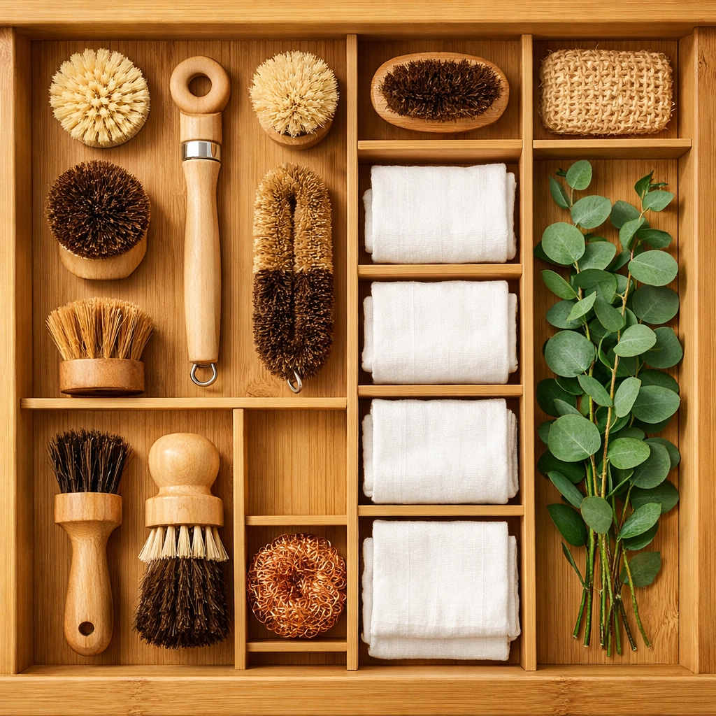 Organized drawer with plant-based products for a sustainable and healthy lifestyle for women.