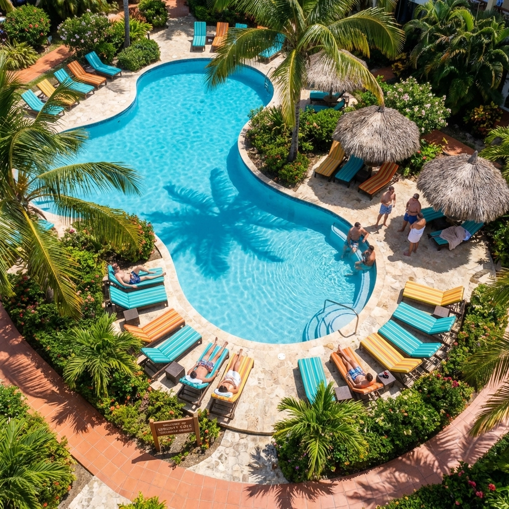 Aerial view of gay-friendly clothing-optional resort with tropical pool area