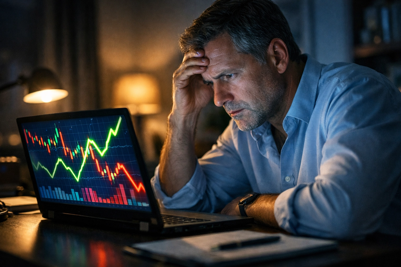 Man reviewing volatile retirement portfolio charts showing market fluctuations and sequence of returns risk