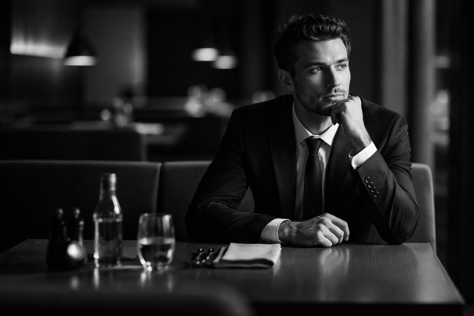Professional man alone at restaurant looking contemplative, reflecting on emotional intelligence in dating