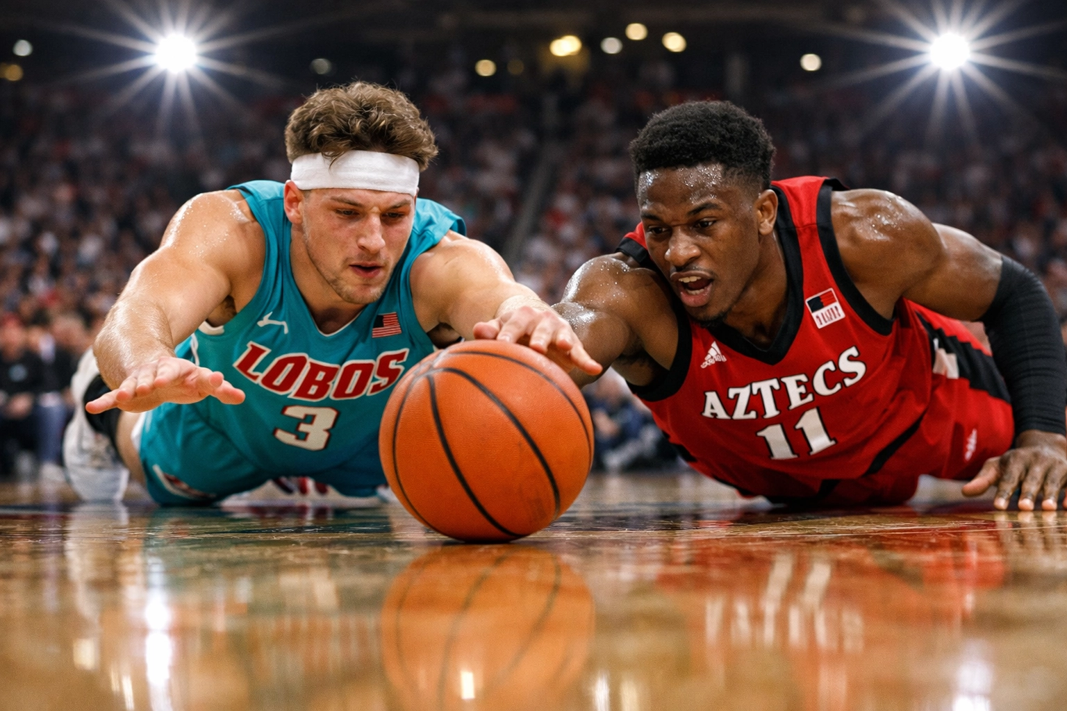 New Mexico Lobos and San Diego State players diving for a loose ball during a 2026 conference game.