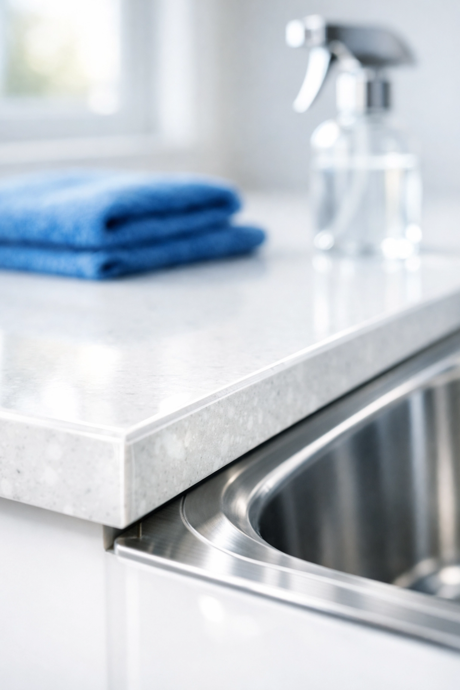 Spotless white quartz countertop and sink after a professional Boston apartment turnover cleaning.