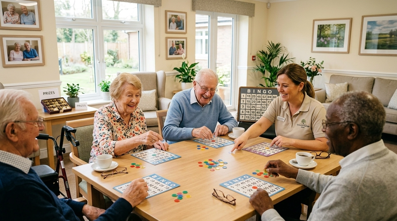 A group of seniors in a small, homelike setting participating in bingo and social activities.