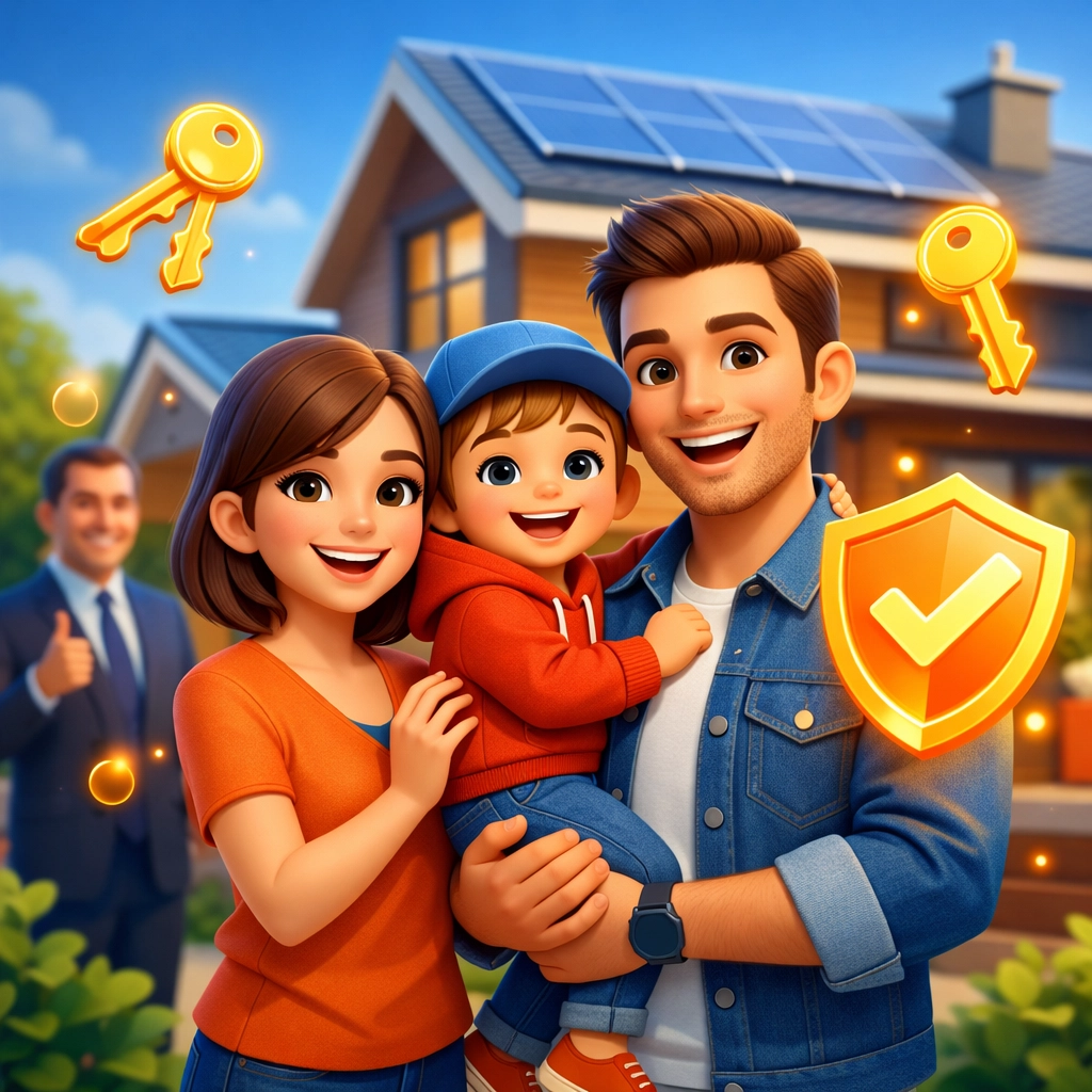 Happy family in front of a new home showing the benefits of hybrid banking advice.