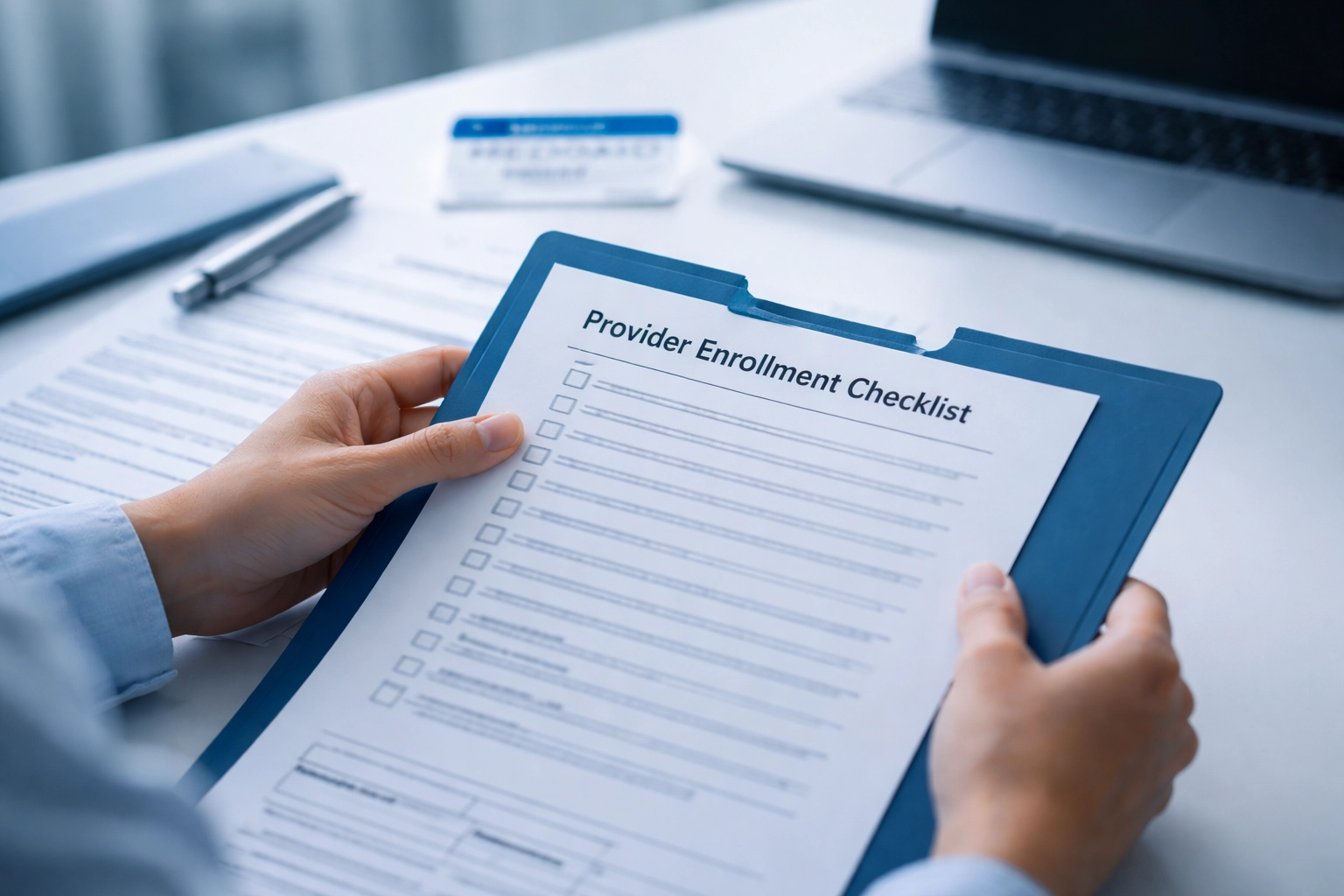 Cinematic still frame of a practice administrator handling behavioral health provider enrollment paperwork in cool blue clinic lighting