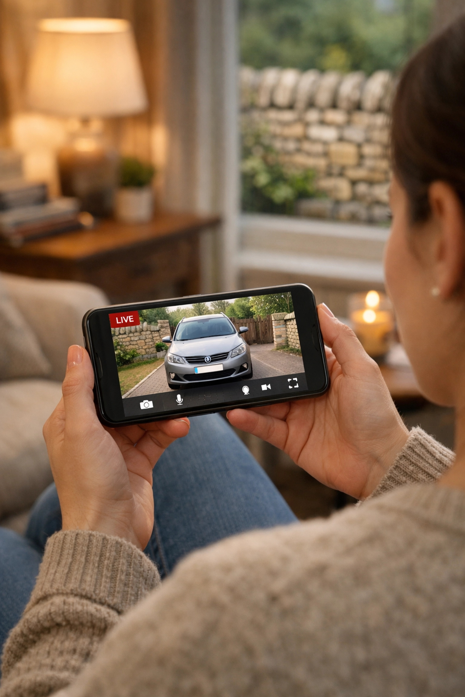 Smartphone showing live home CCTV footage of a UK driveway in Taunton, Somerset.