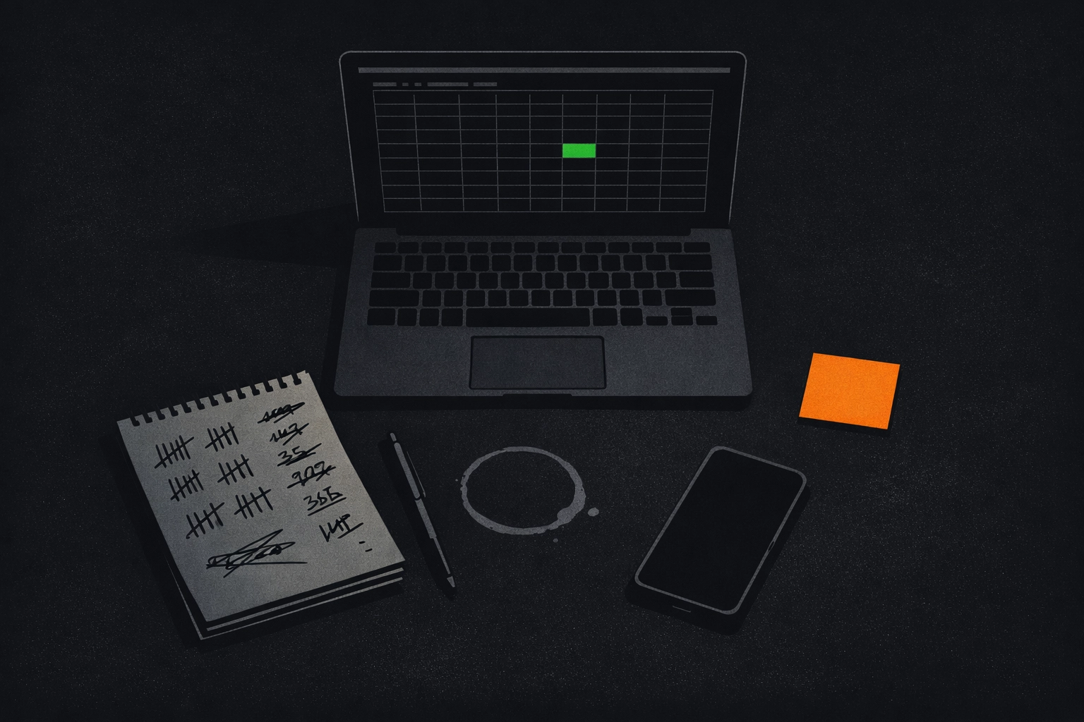 Late night founder workspace showing a spreadsheet and notepad used for calculating high human SDR turnover costs.