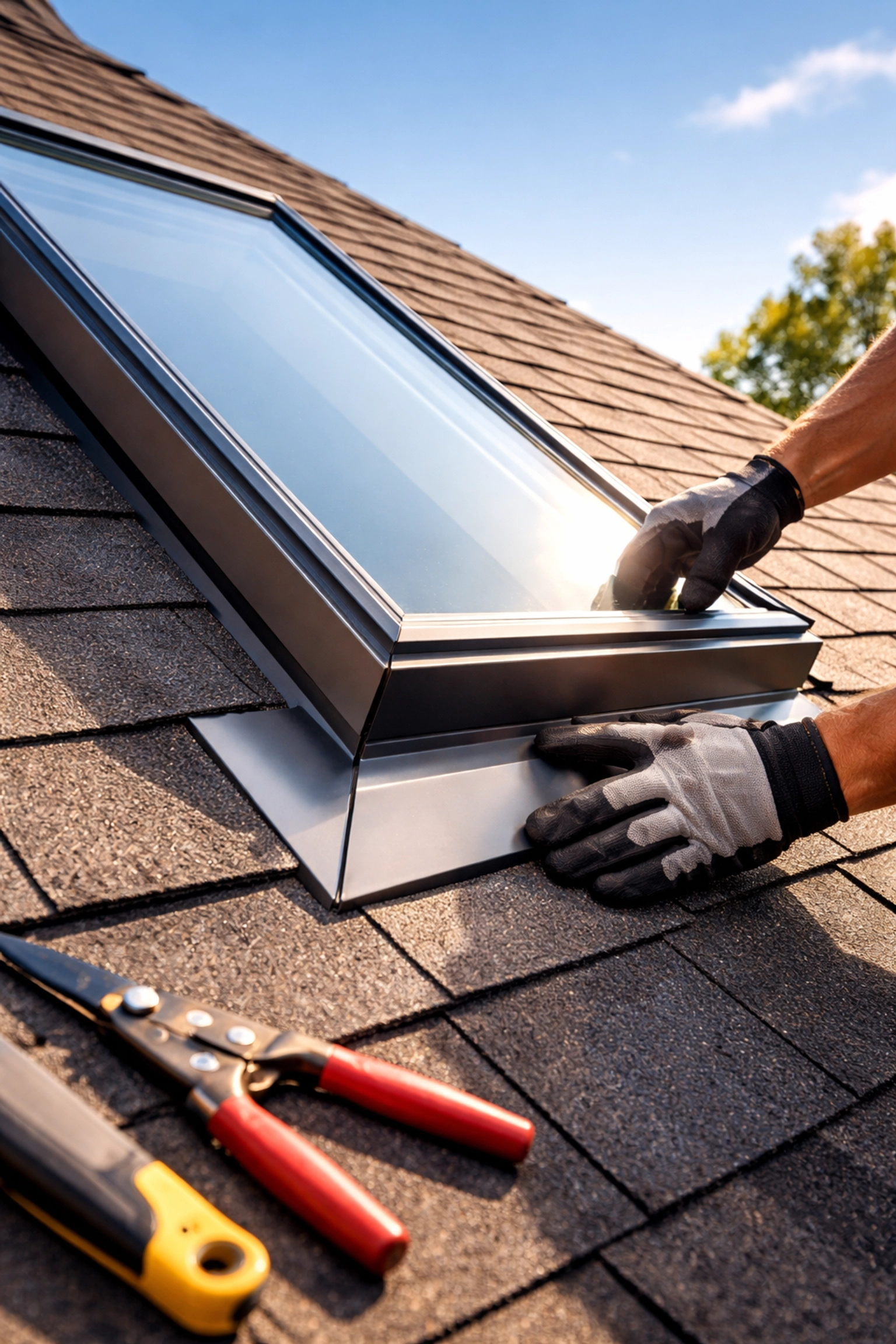 Close-up of a roof contractor installing seamless steel flashing around a skylight on an asphalt shingle roof in Charlotte.