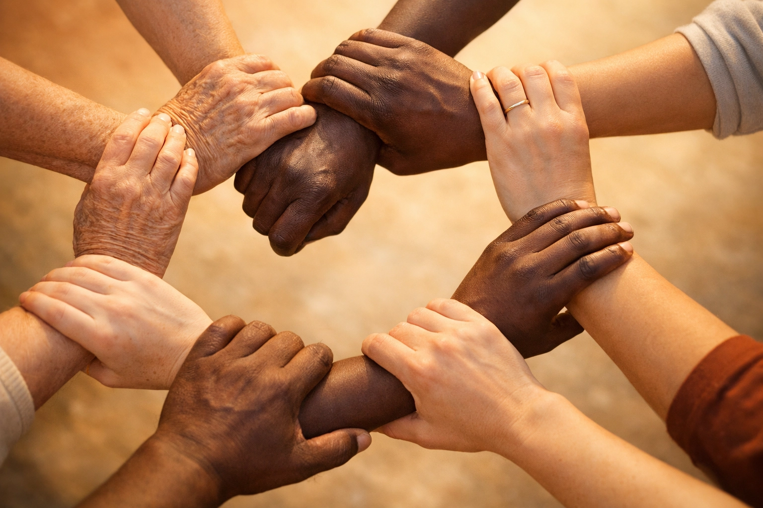 Diverse hands joined together symbolizing global cooperation and unity in positive news