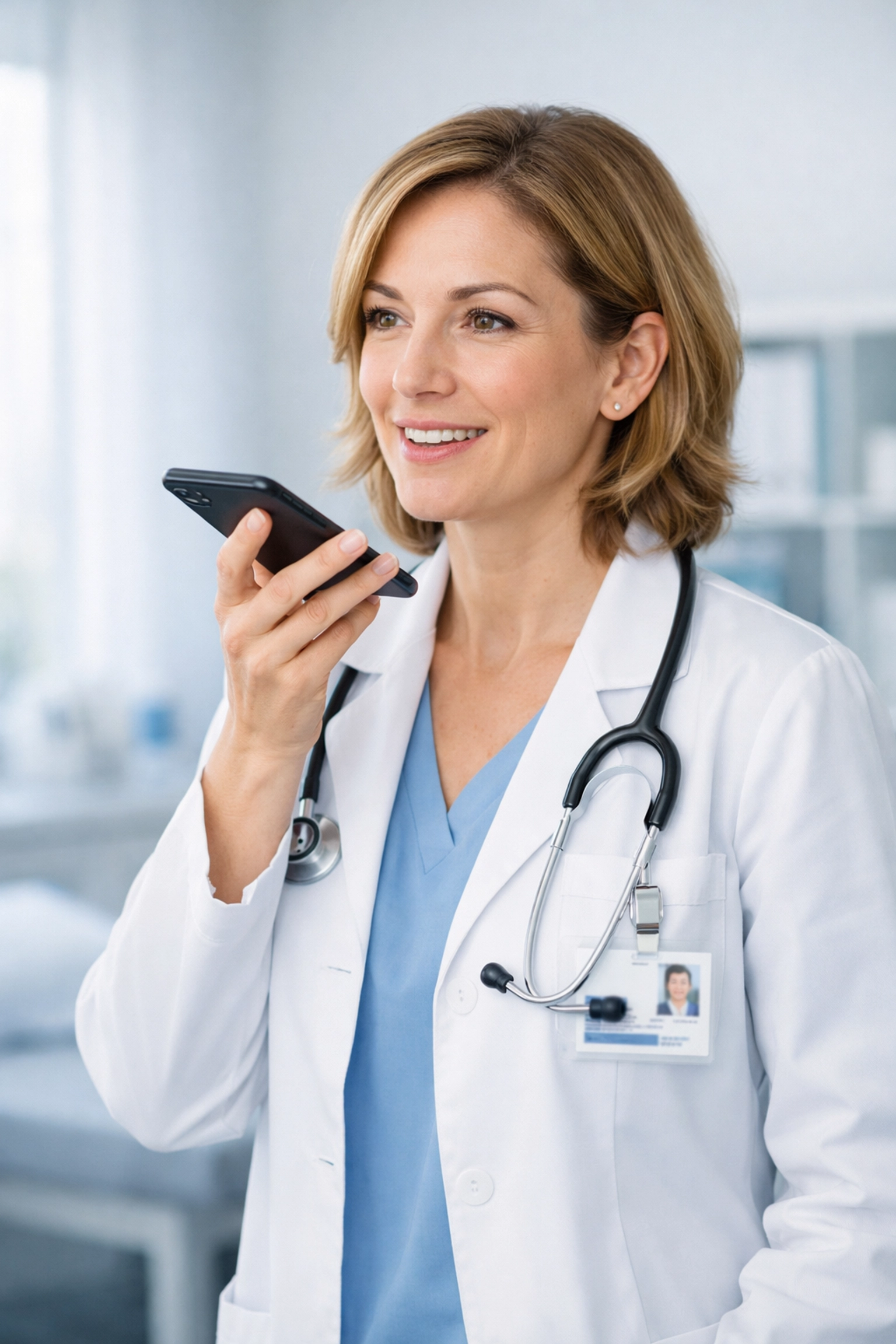 Physician using medical dictation software on a smartphone to create Medicare compliant notes efficiently.