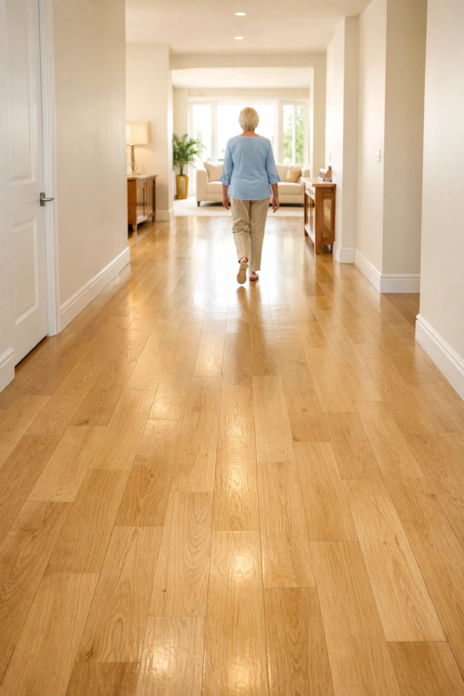Senior woman walking through a clear, rug-free hallway to prevent tripping hazards at home.