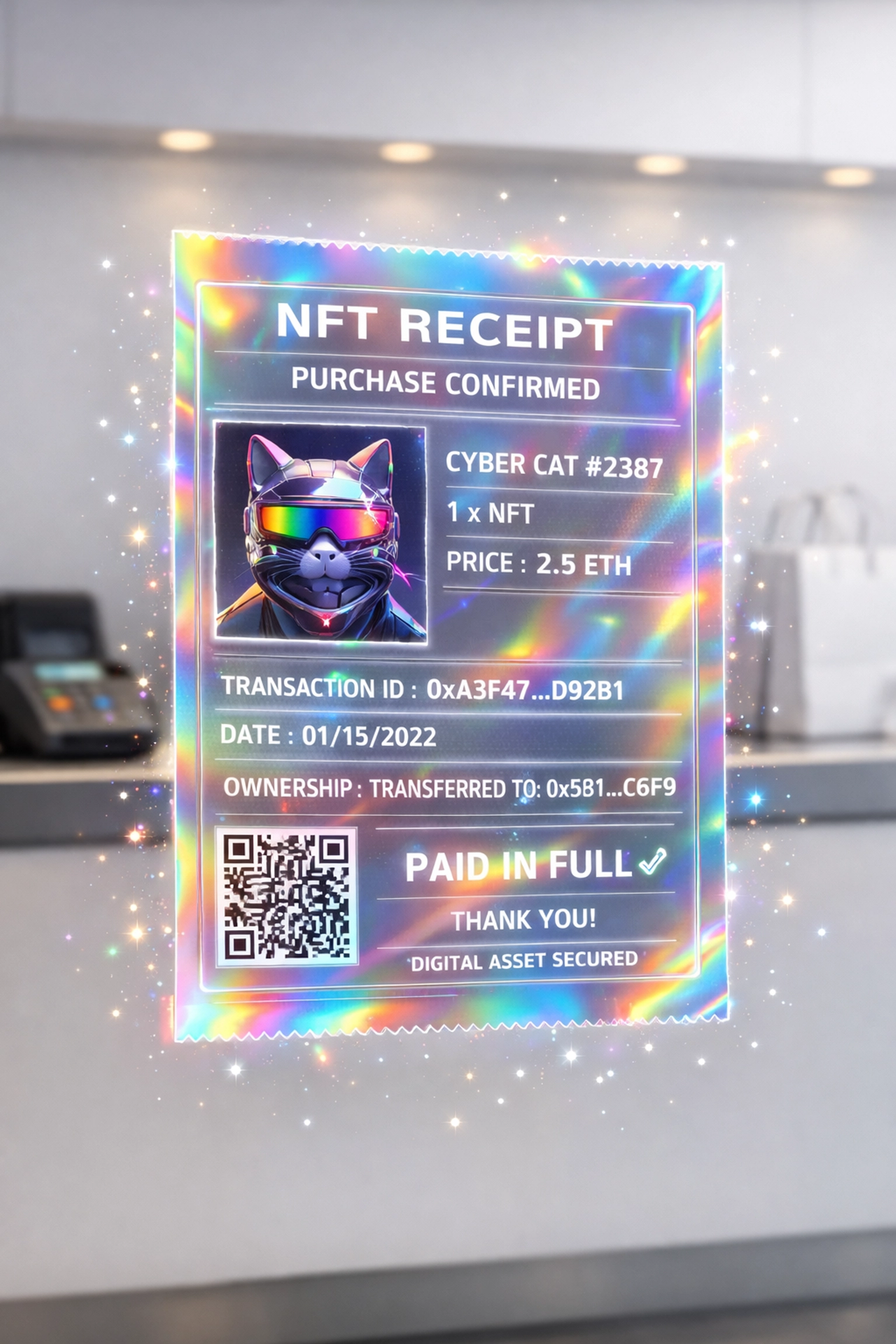 NFT receipt displayed at retail counter showing blockchain-based purchase verification