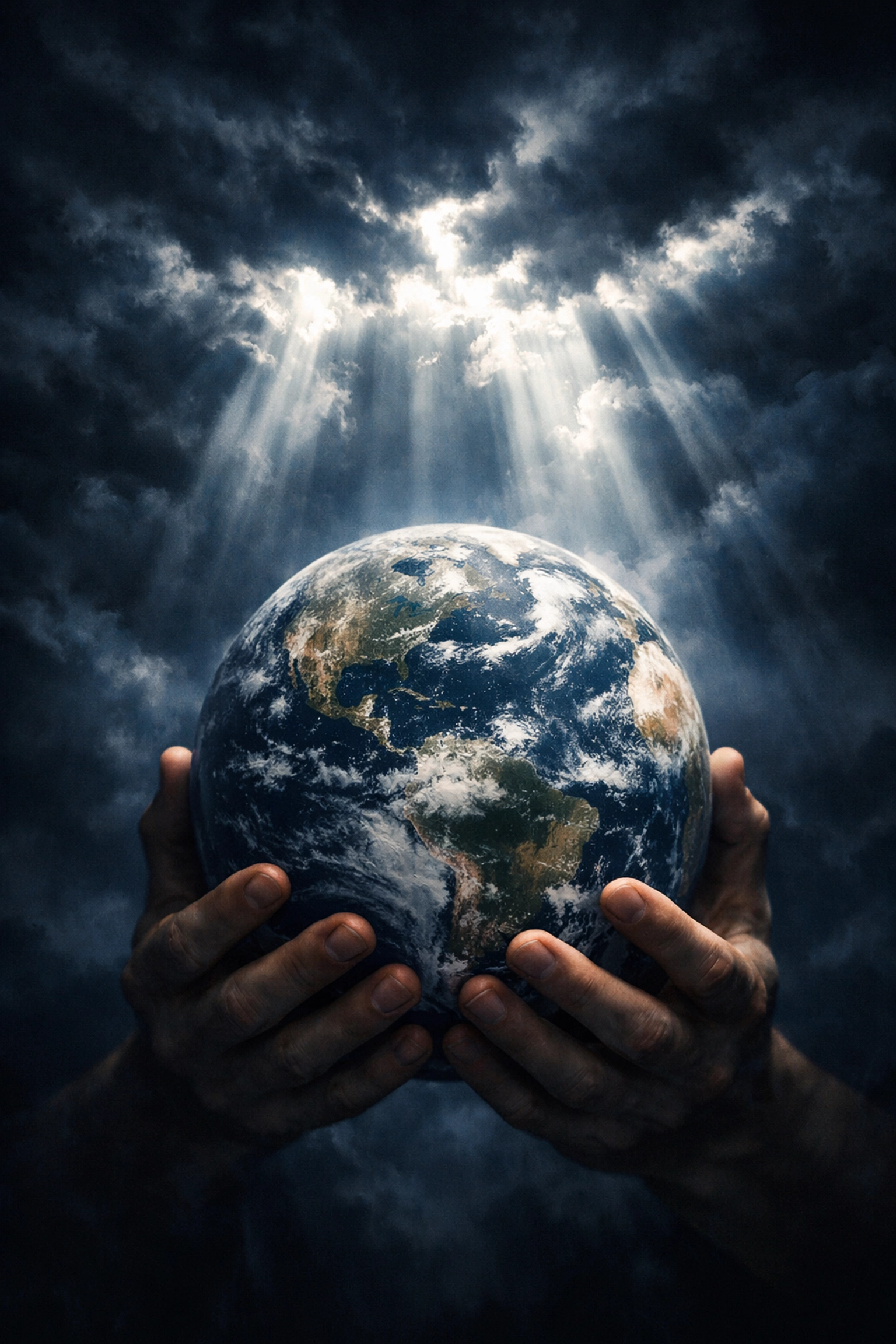 Hands holding globe with light breaking through storm clouds representing God's sovereignty over world events