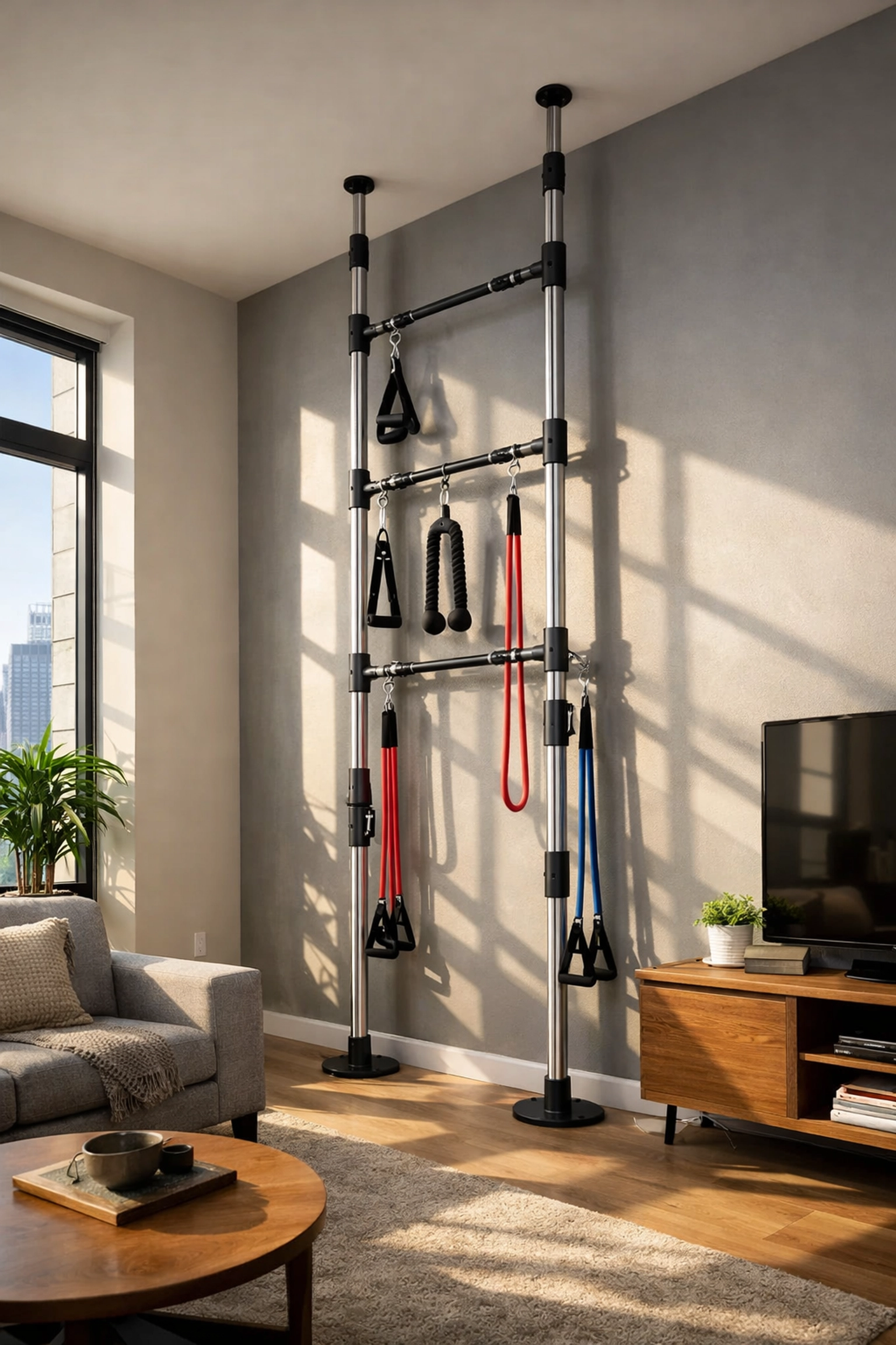 Floor to ceiling gym system with resistance bands in apartment showing no wall damage workout solution