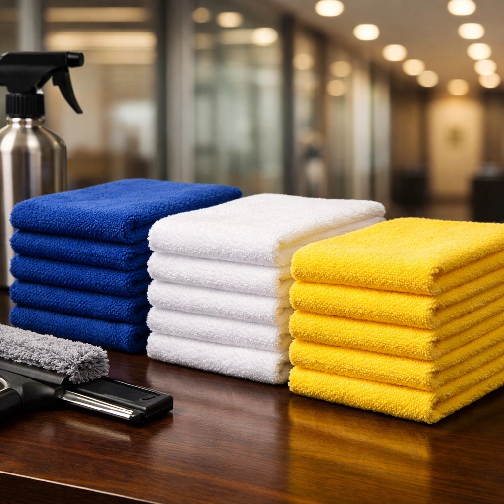 Professional microfiber cleaning supplies stacked on a desk for precise office cleaning Worcester services.