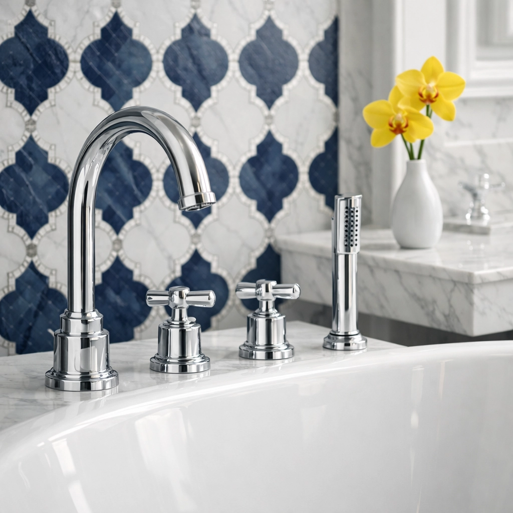Sparkling master bathroom in Ashby MA with sanitized fixtures following a deep house cleaning.