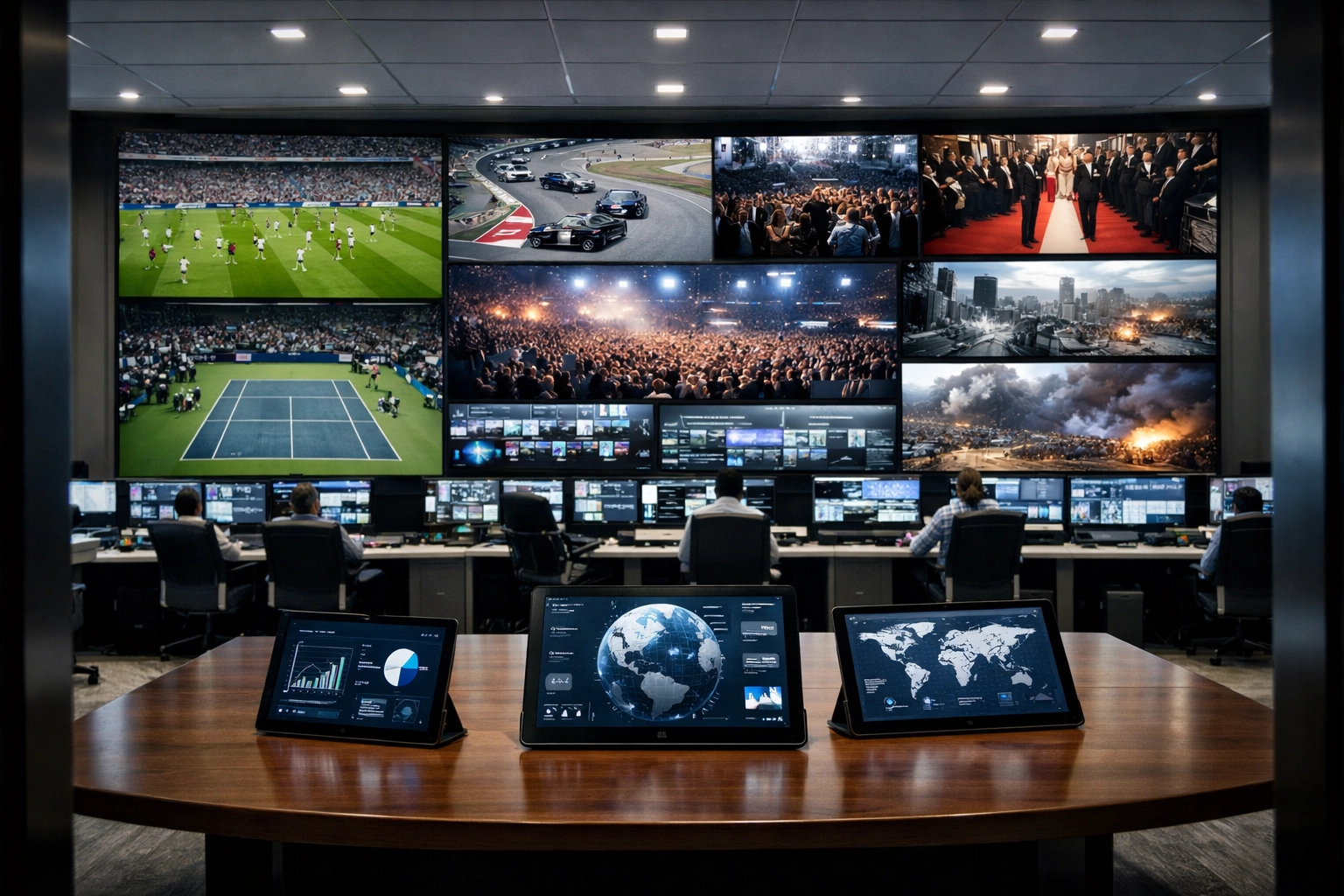 Global media control room with live event feeds supporting strategic consulting and event excellence.