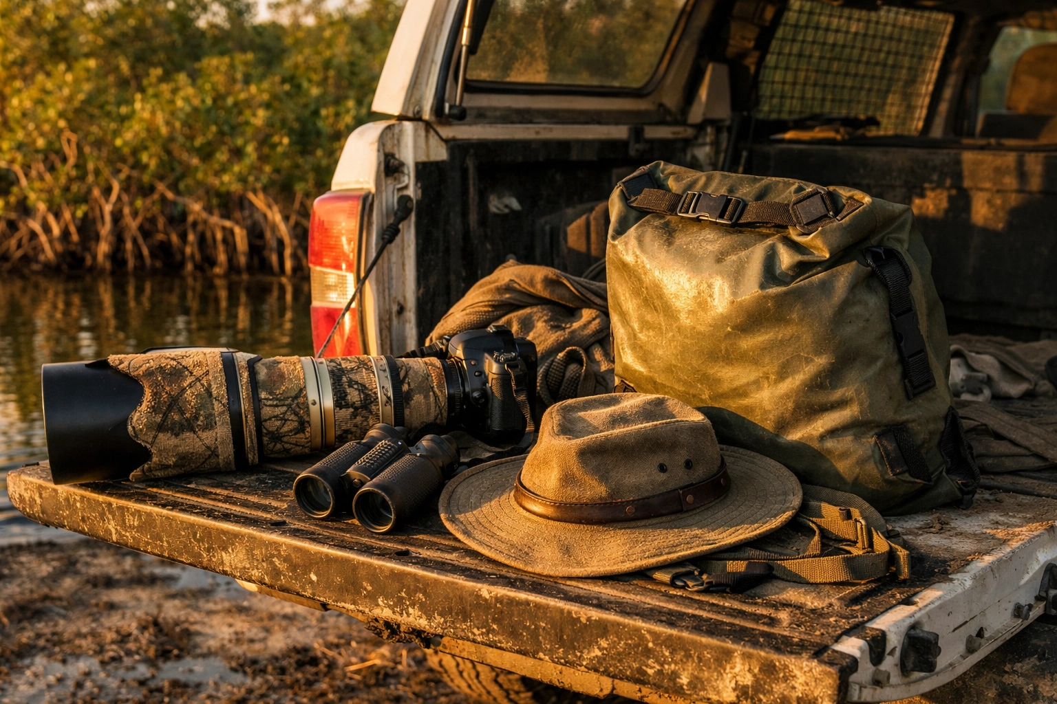 Essential photography gear for the Everglades, including a telephoto lens and waterproof dry bag.