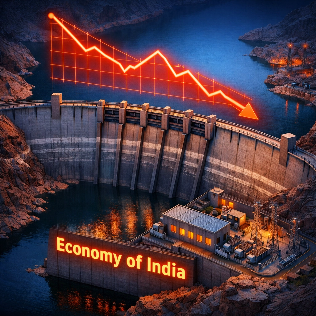 Low water levels at a dam with a declining growth graph showing energy risks in the Economy of India.