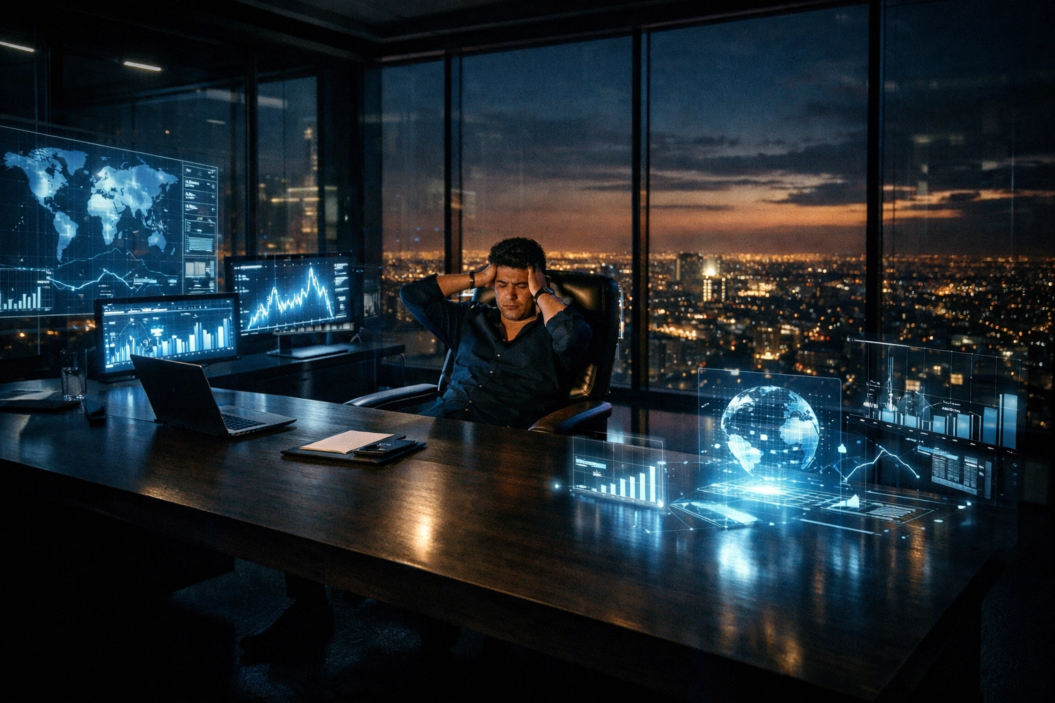 An isolated AI founder in a luxury office, illustrating the psychological price of hyper-efficiency.