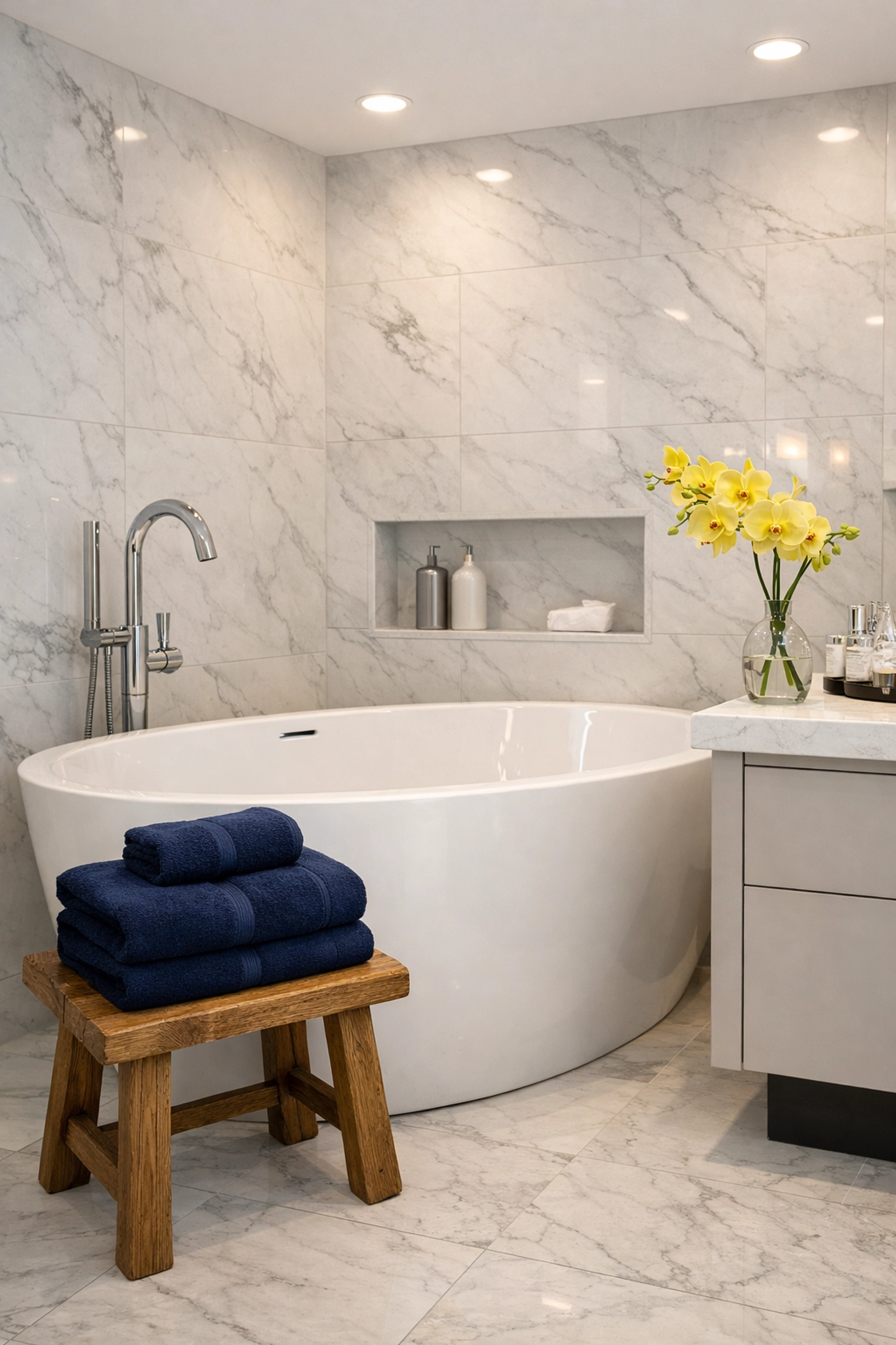 Sparkling clean luxury bathroom with marble tile sanitized by professional Dunstable cleaners.