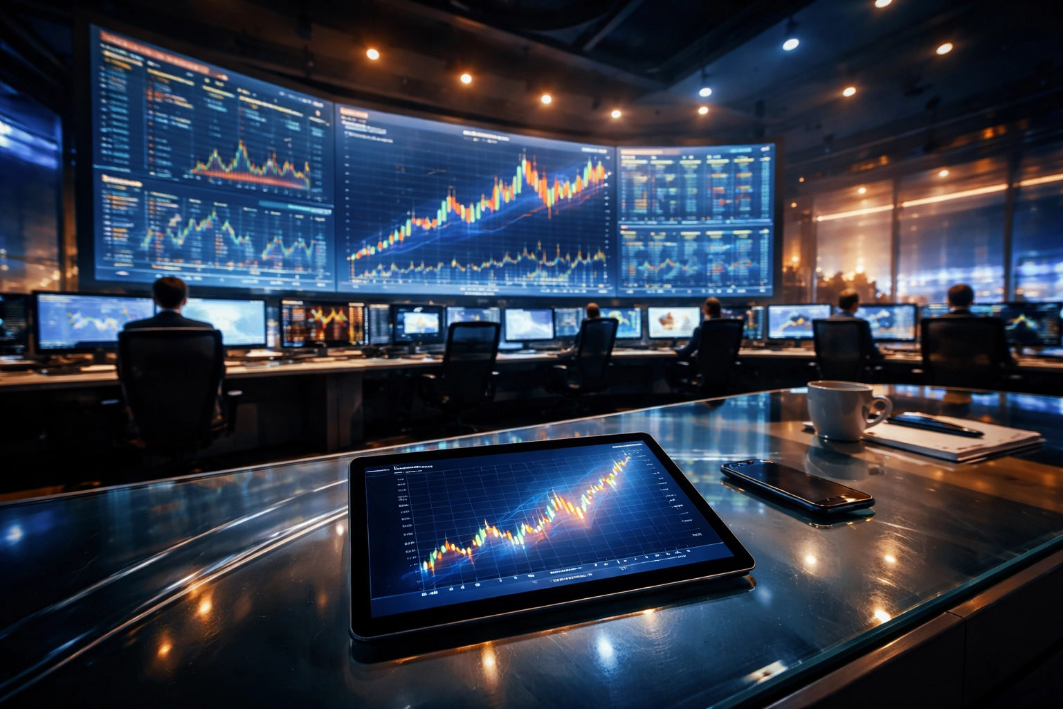 High-tech trading floor with digital stock charts showcasing public equities in global markets