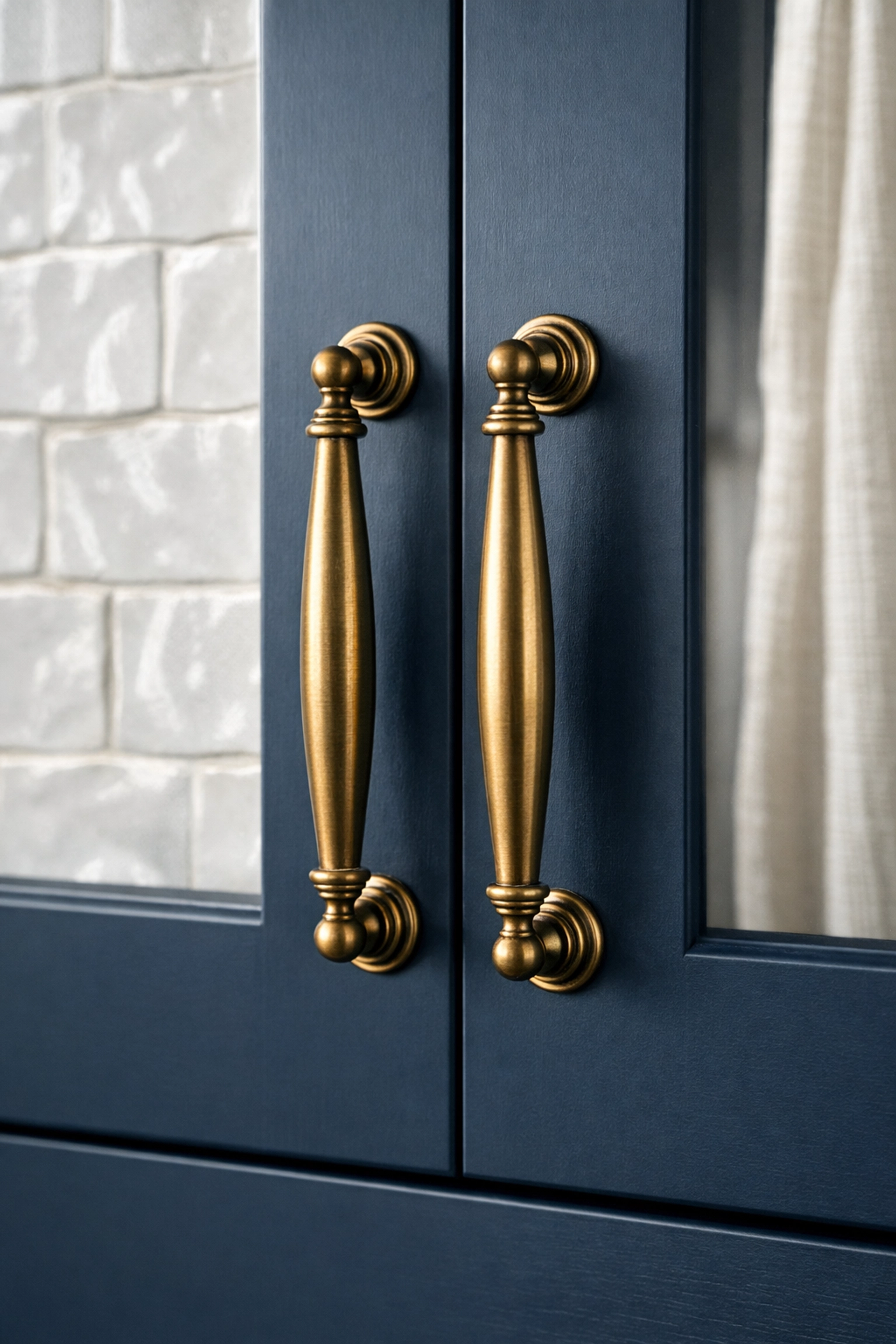 High-end home remodeling Orlando details with antique brass handles and textured artisan tile backsplash.