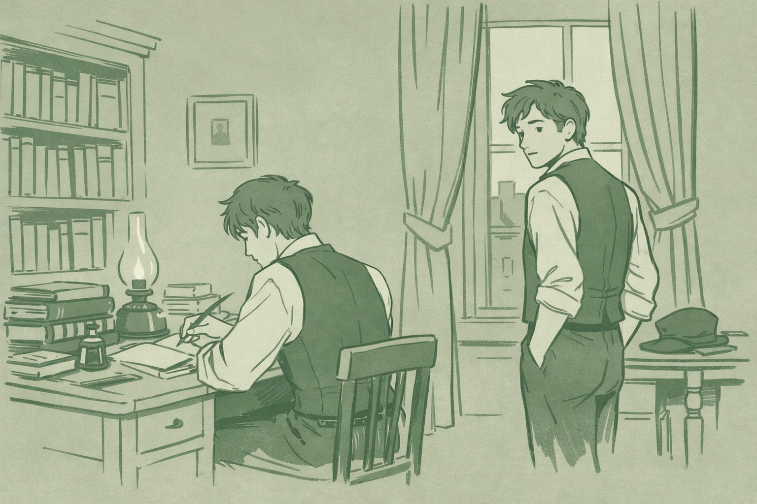 Victorian step-brothers in London townhouse study - gay romance domestic intimacy