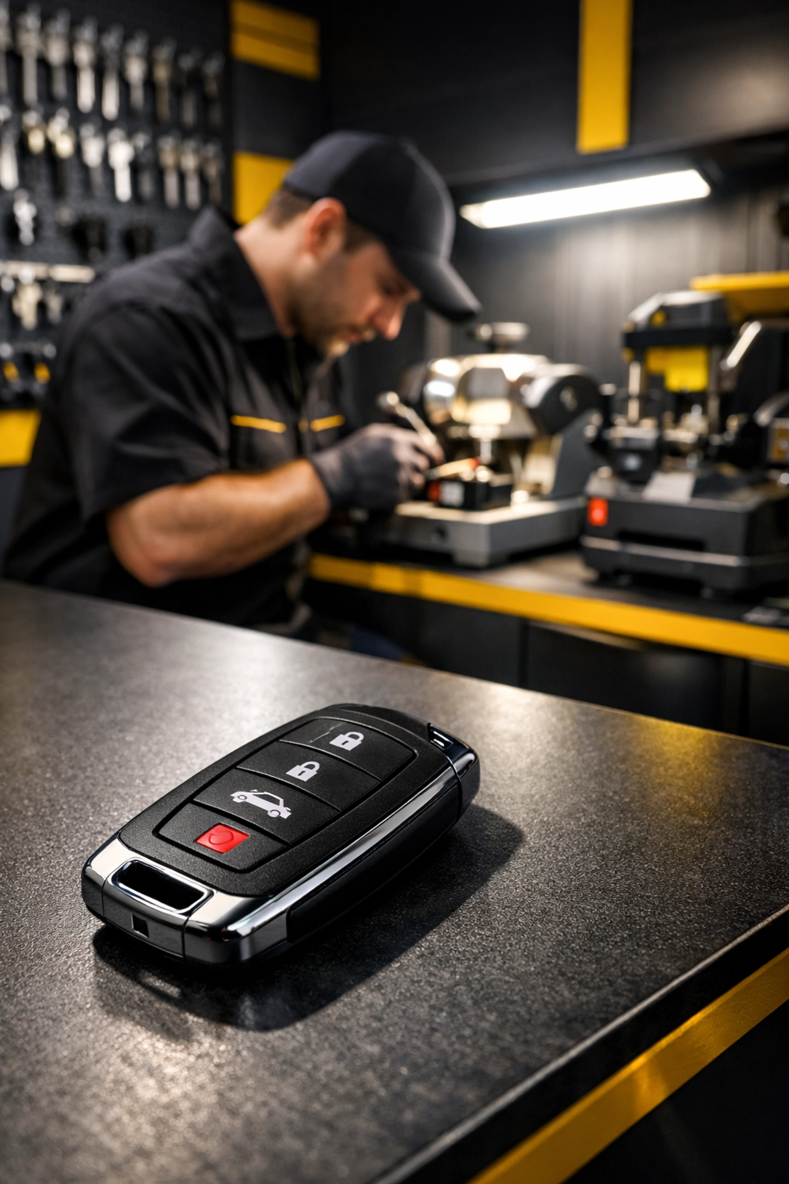 A programmed car key fob on a professional locksmith workbench at our West 86th Street shop in Indy.