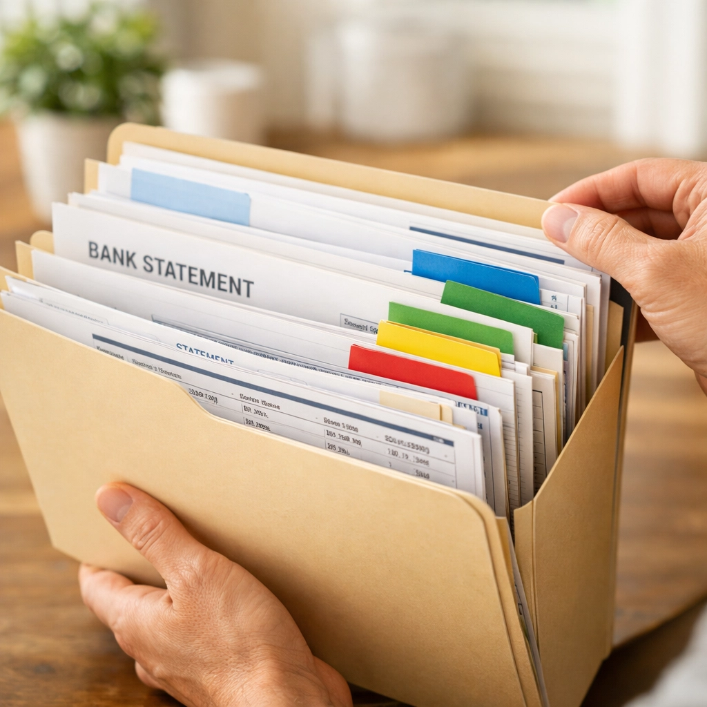 Hands holding organized folder with loan signing documents and financial statements